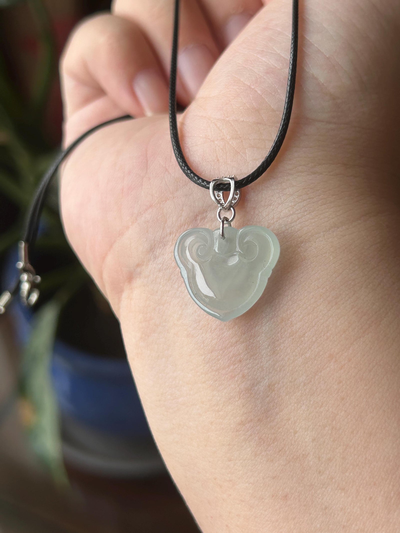 Natural Jade RuYi Lock Pendant | Burmese Type A Highly Translucent Icy Light Blue/ Pale Green Jadeite, 925 Sterling Silver