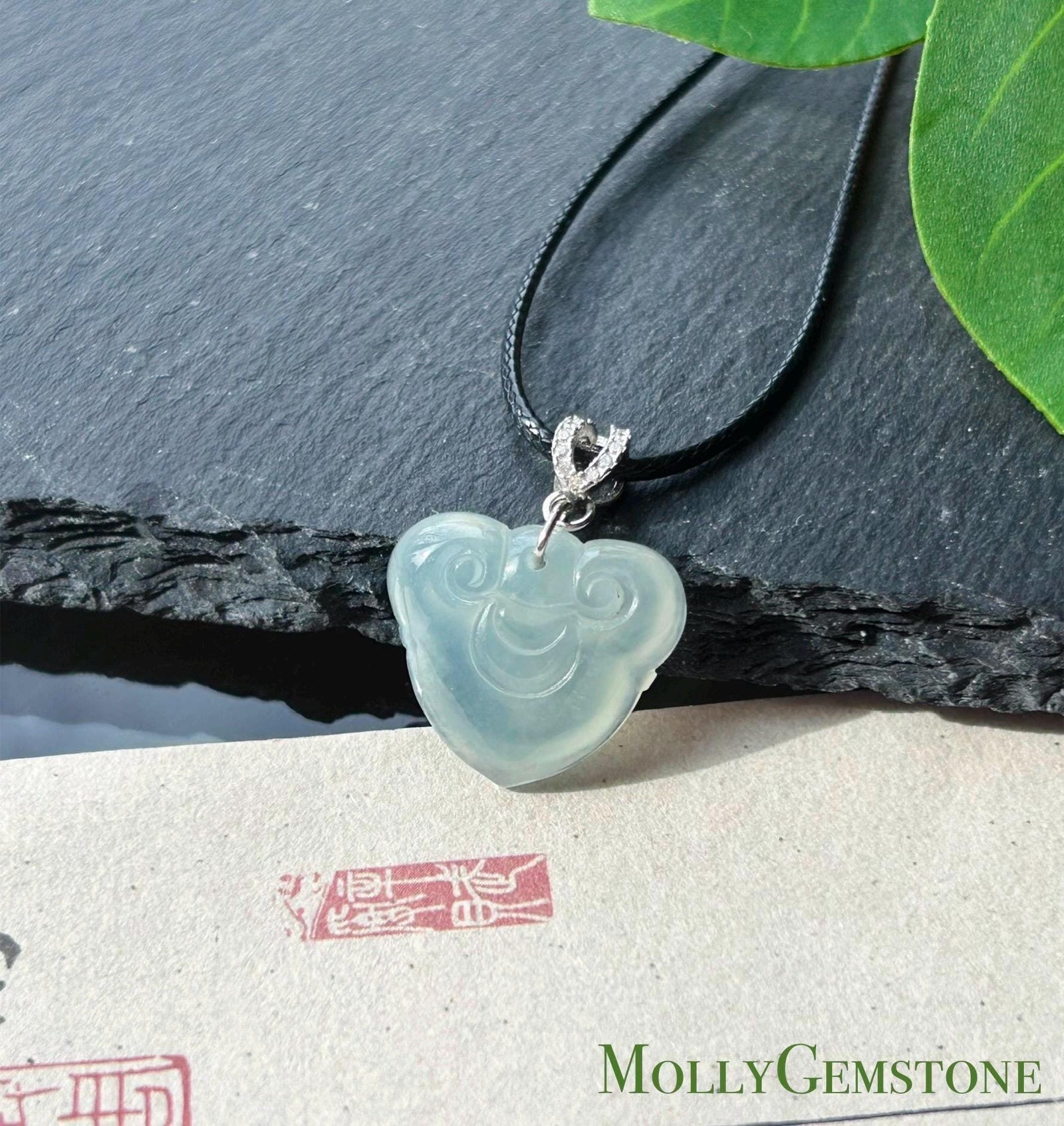 Natural Jade RuYi Lock Pendant | Burmese Type A Highly Translucent Icy Light Blue/ Pale Green Jadeite, 925 Sterling Silver
