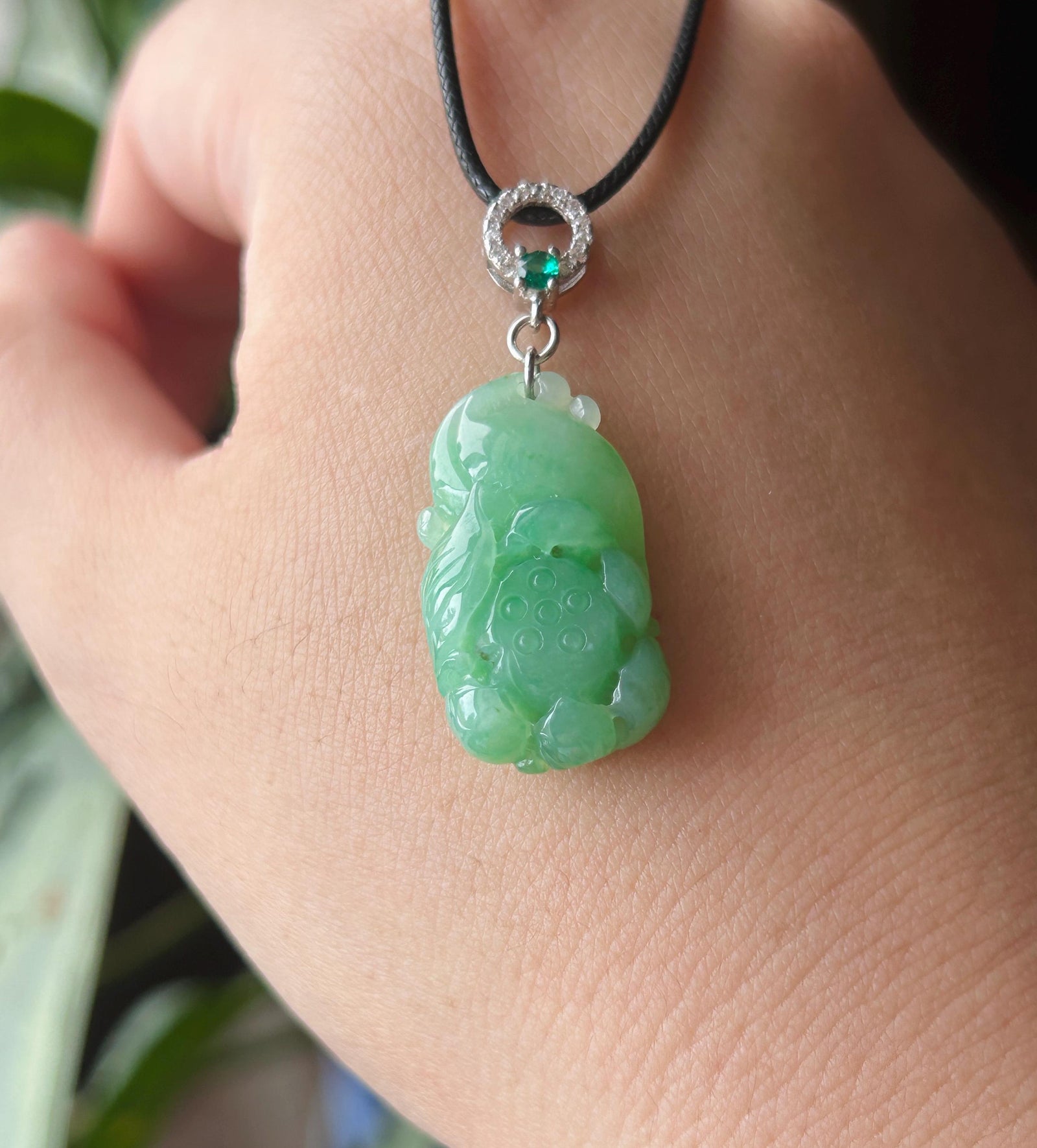 Certified Natural Jade Lotus Pendant | Burmese Type A Translucent Icy Vivid Apple Green Jadeite, 925 Sterling Silver, Double-sided Carving