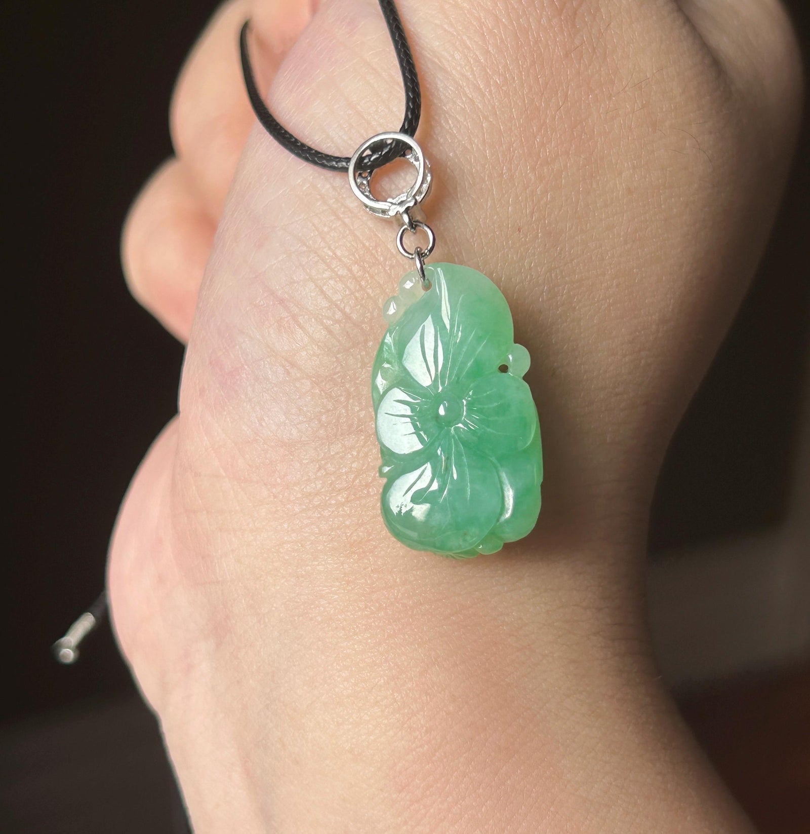 Certified Natural Jade Lotus Pendant | Burmese Type A Translucent Icy Vivid Apple Green Jadeite, 925 Sterling Silver, Double-sided Carving