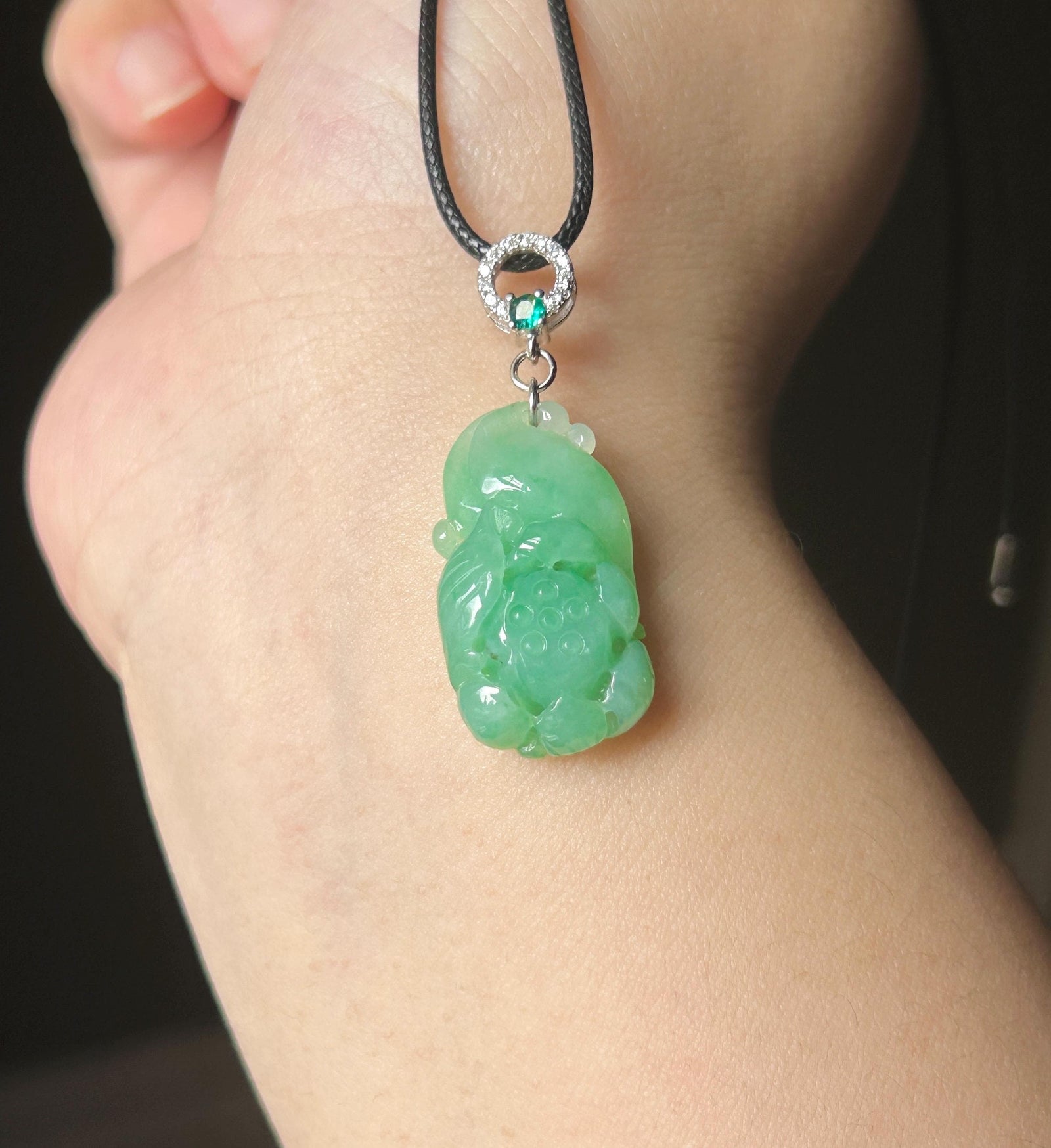 Certified Natural Jade Lotus Pendant | Burmese Type A Translucent Icy Vivid Apple Green Jadeite, 925 Sterling Silver, Double-sided Carving