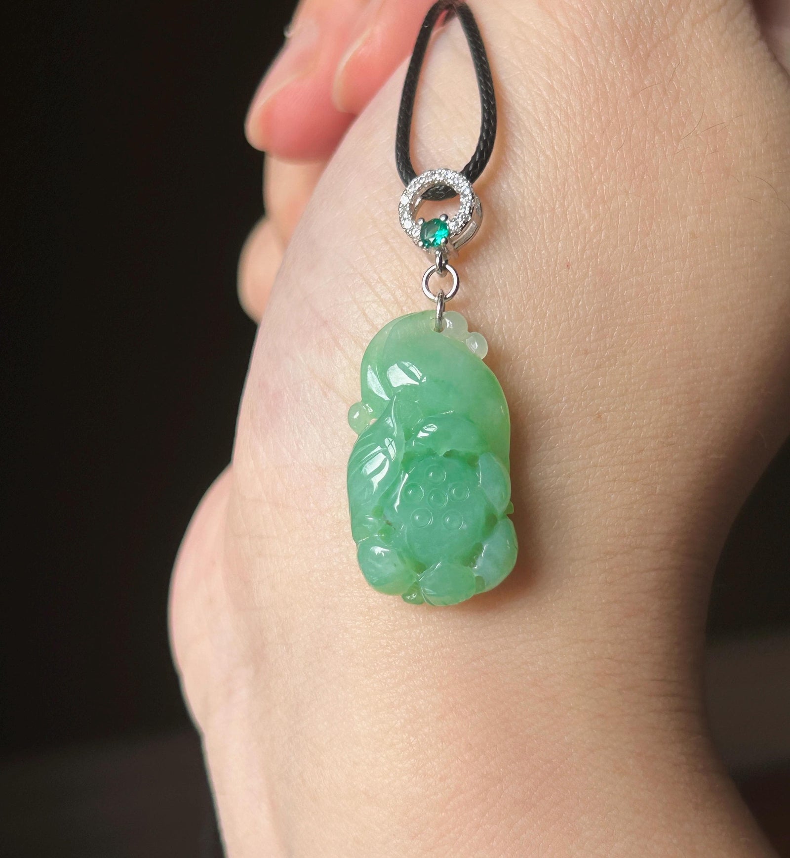 Certified Natural Jade Lotus Pendant | Burmese Type A Translucent Icy Vivid Apple Green Jadeite, 925 Sterling Silver, Double-sided Carving