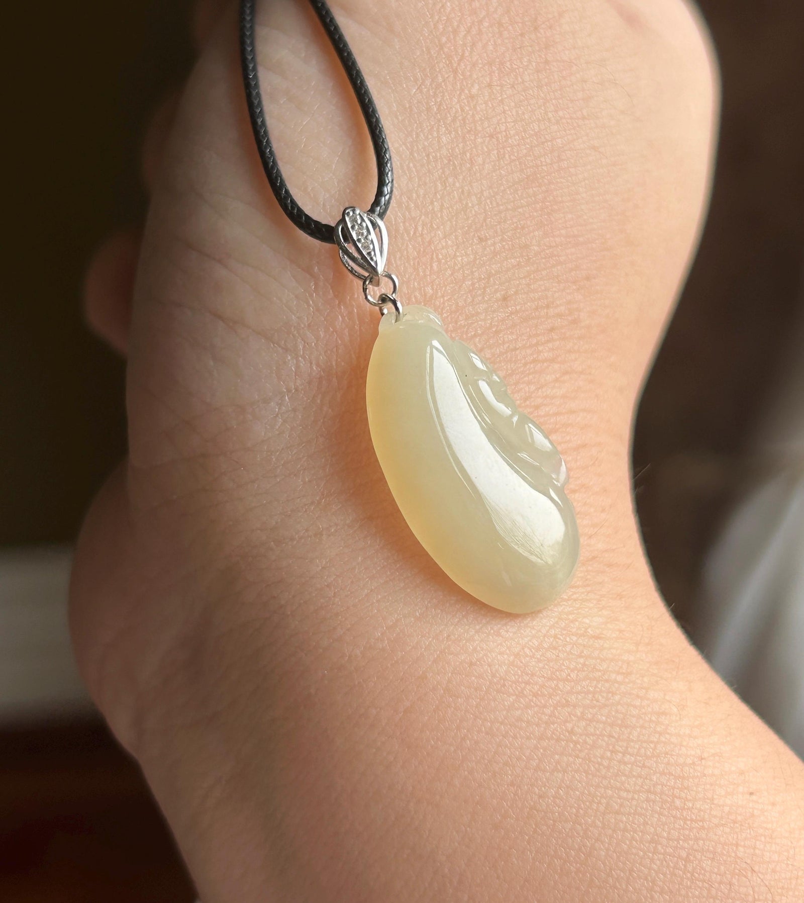 Certified Natural Jade RuYi Gourd Pendant | Burmese Type A Icy Gelatinous Light Honey Yellow Jadeite, 925 Sterling Silver