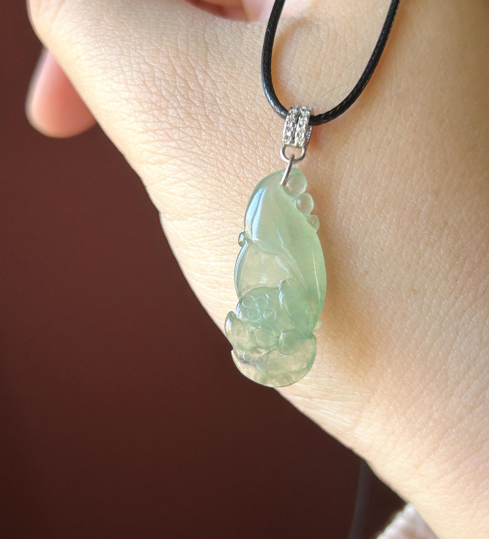 Certified Natural Jadeite Lotus Flower Pendant Burmese Type A Highly Translucent Icy Clear Water Green Jade Sterling Silver Bail