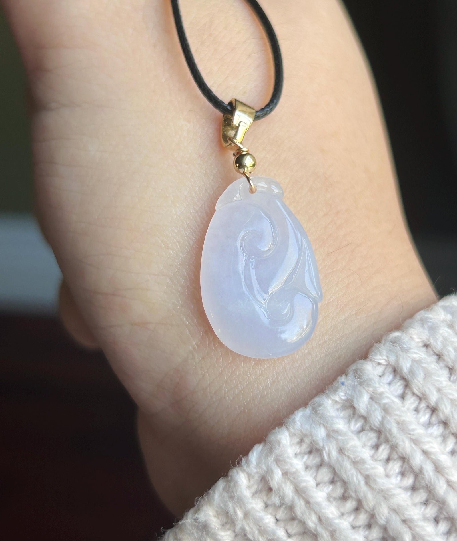 Natural Jadeite RuYi Pendant Burmese Type A Icy Translucent Gelatinous Icy Pale Pinkish Lavender Jade