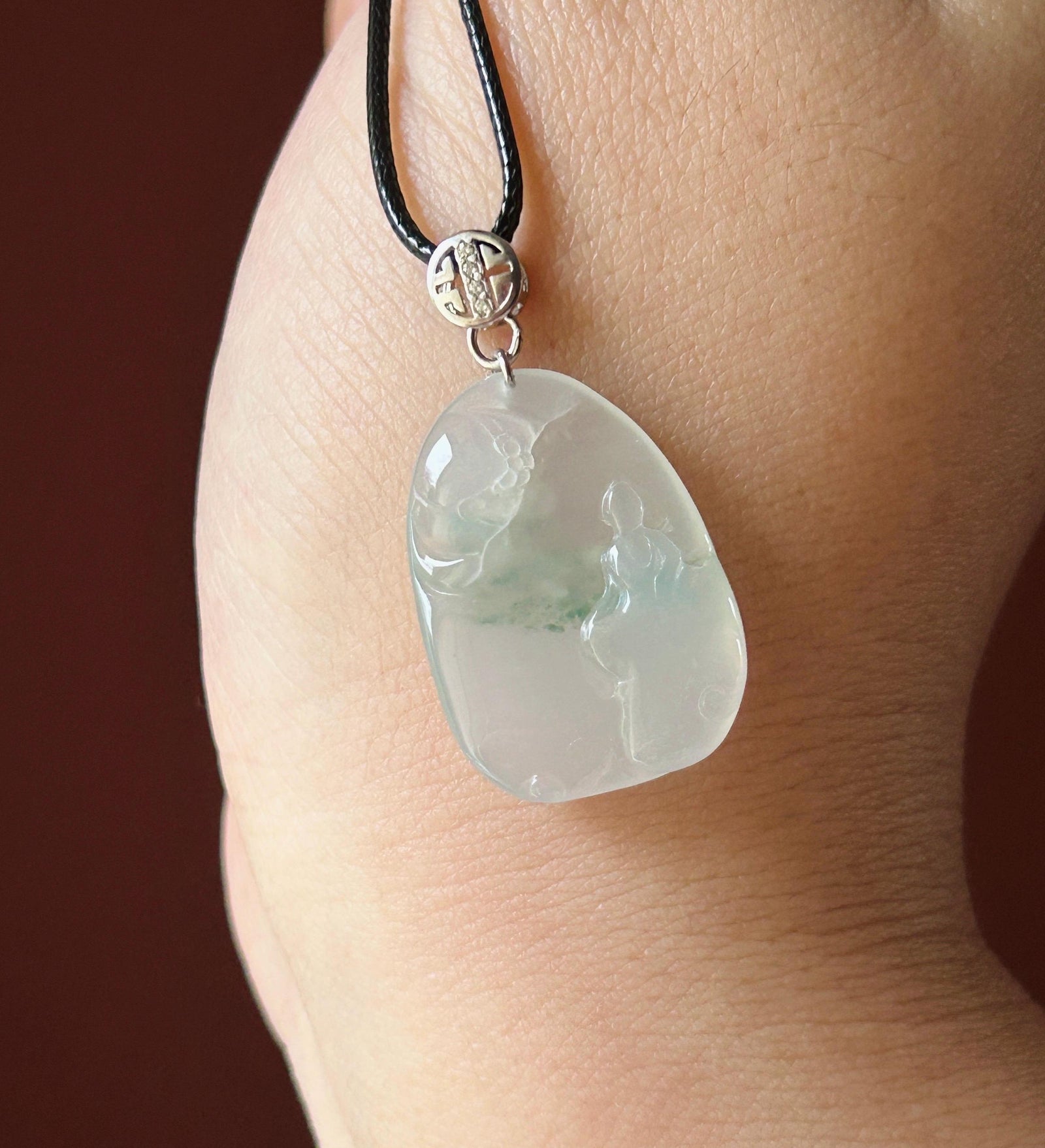 Certified Natural Jade Lotus & Enlightenment Pendant | Burmese Type A Highly Translucent Icy White Green Floral Jadeite, 925 Sterling Silver