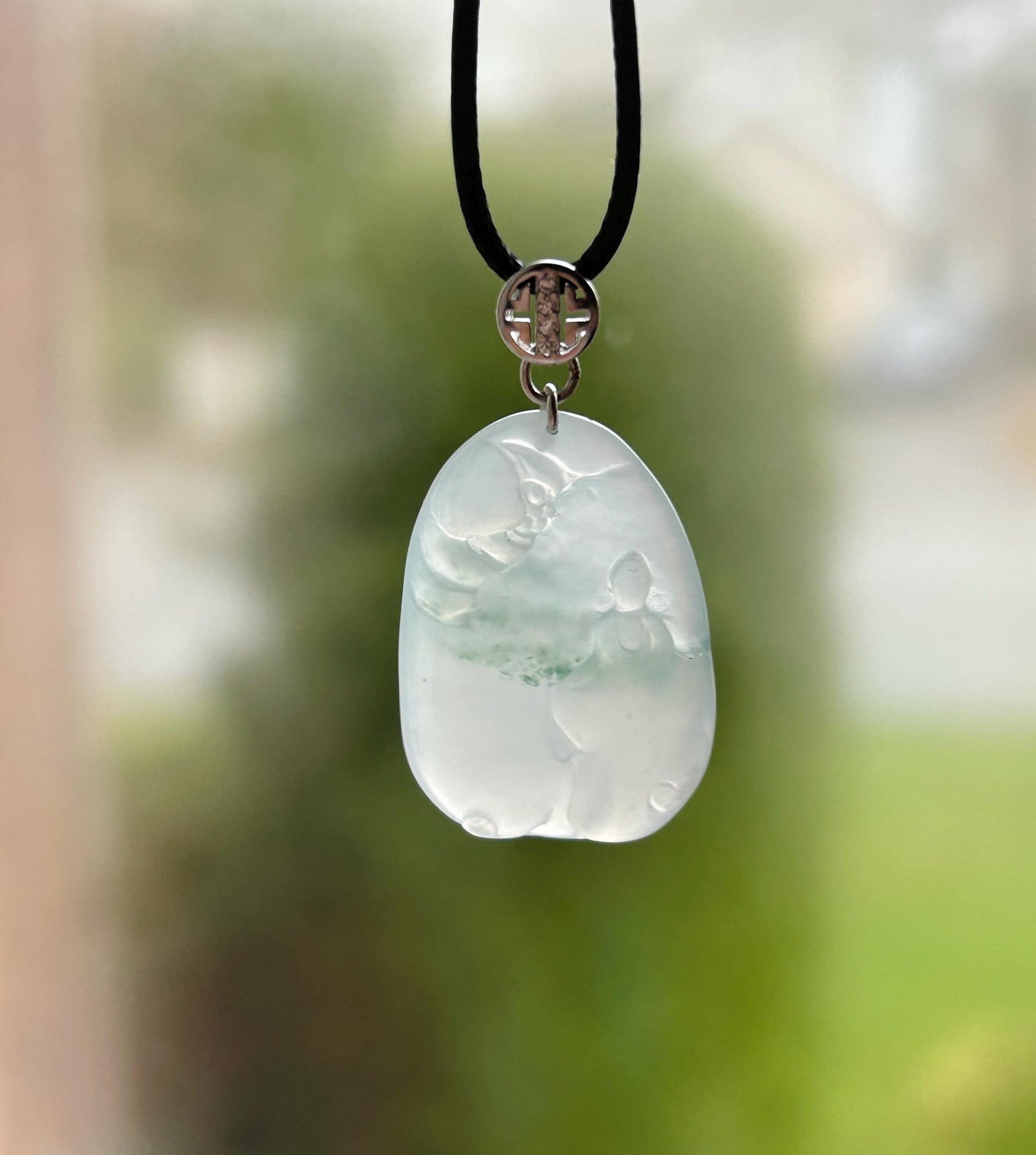 Certified Natural Jade Lotus & Enlightenment Pendant | Burmese Type A Highly Translucent Icy White Green Floral Jadeite, 925 Sterling Silver