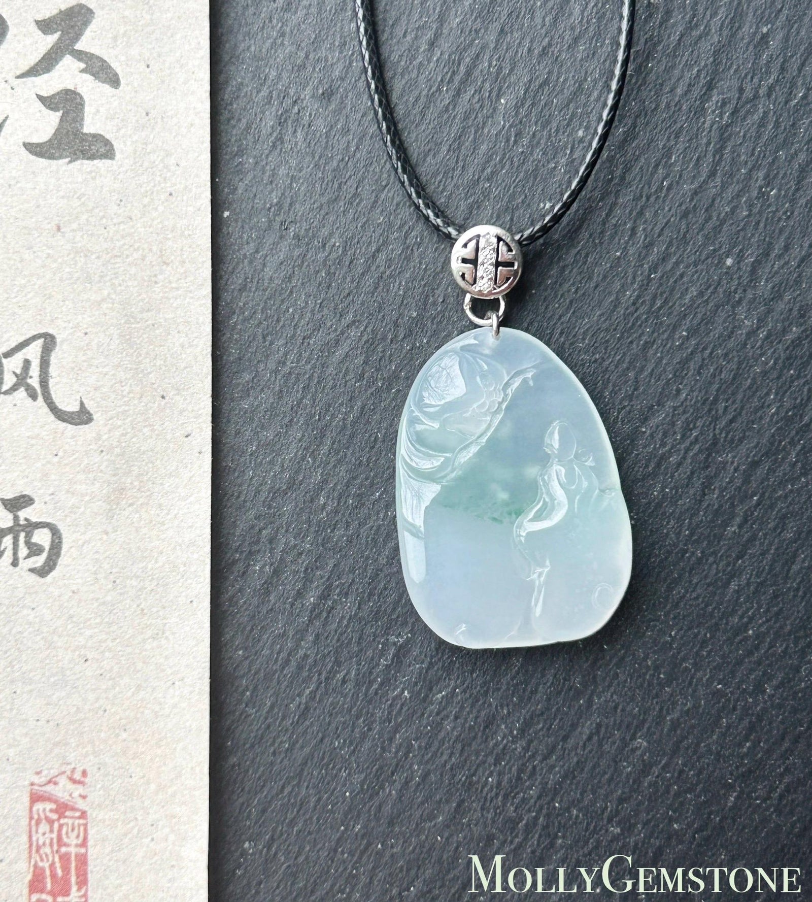 Certified Natural Jade Lotus & Enlightenment Pendant | Burmese Type A Highly Translucent Icy White Green Floral Jadeite, 925 Sterling Silver