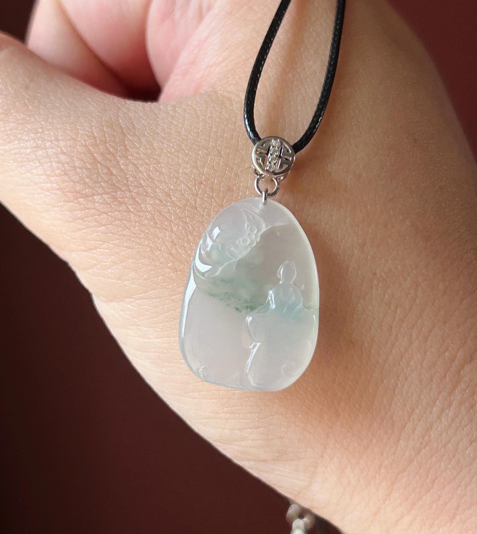 Certified Natural Jade Lotus & Enlightenment Pendant | Burmese Type A Highly Translucent Icy White Green Floral Jadeite, 925 Sterling Silver