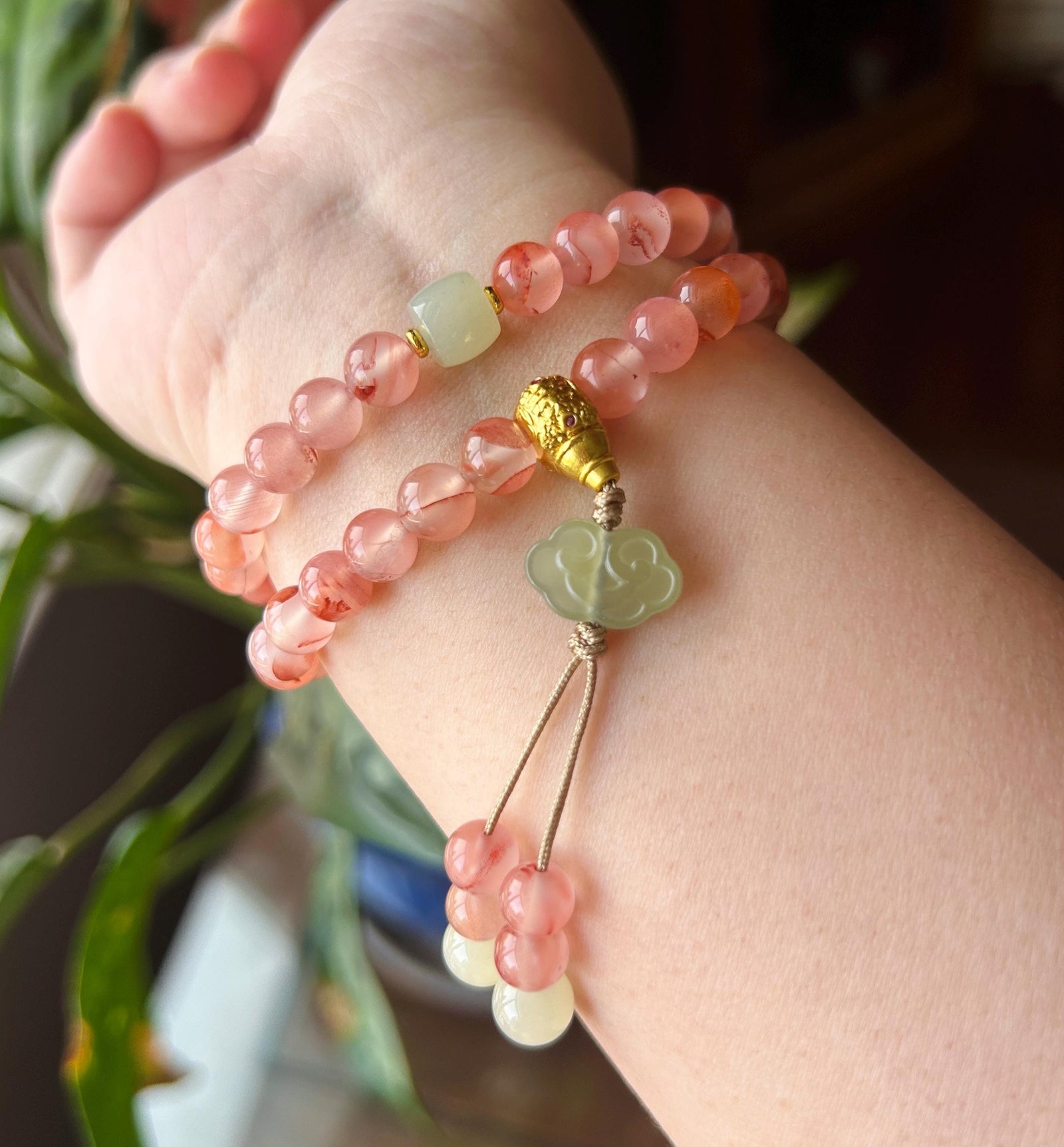 Natural Nanhong Agate Designer Double-Wrap Bracelet 7.3mm Highly Translucent Icy Floral Southern Red Agate & Nephrite Jade