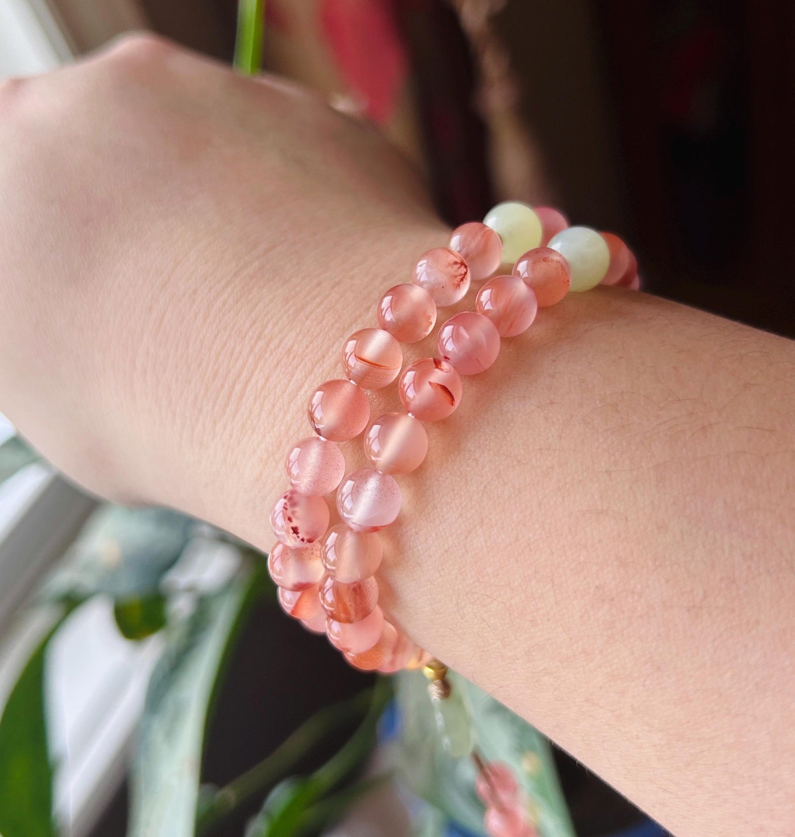 Natural Nanhong Agate Designer Double-Wrap Bracelet 7.3mm Highly Translucent Icy Floral Southern Red Agate & Nephrite Jade