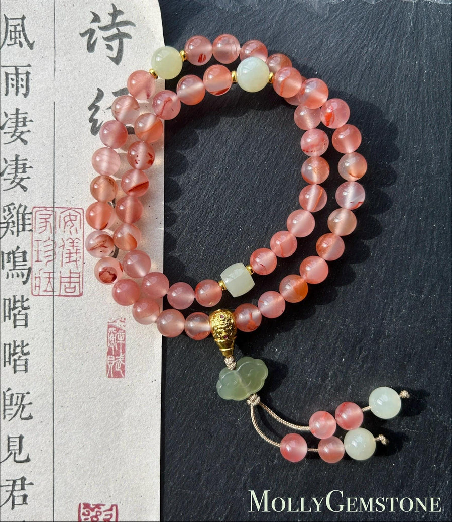 Natural Nanhong Agate Designer Double-Wrap Bracelet 7.3mm Highly Translucent Icy Floral Southern Red Agate & Nephrite Jade