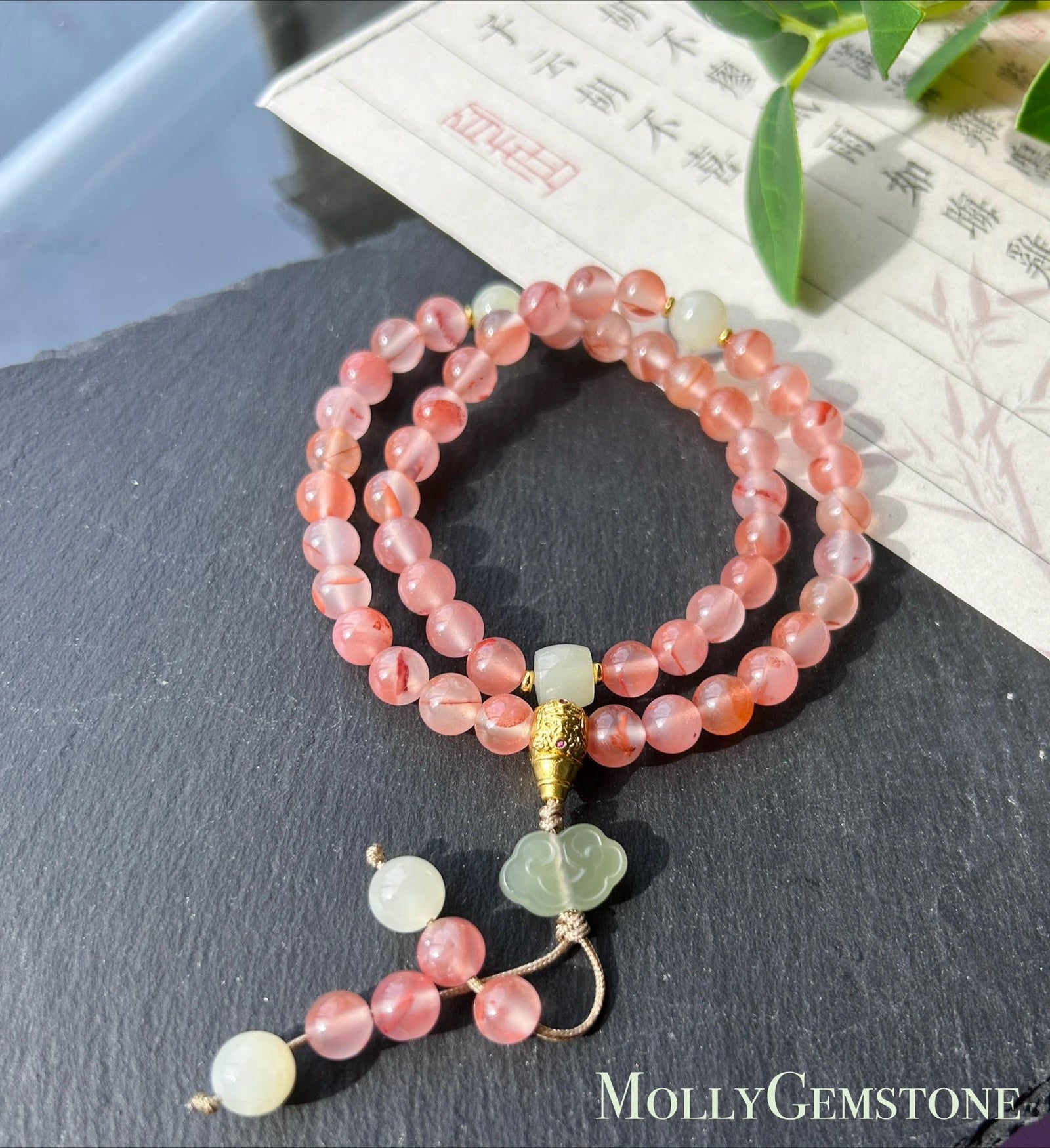 Natural Nanhong Agate Designer Double-Wrap Bracelet 7.3mm Highly Translucent Icy Floral Southern Red Agate & Nephrite Jade