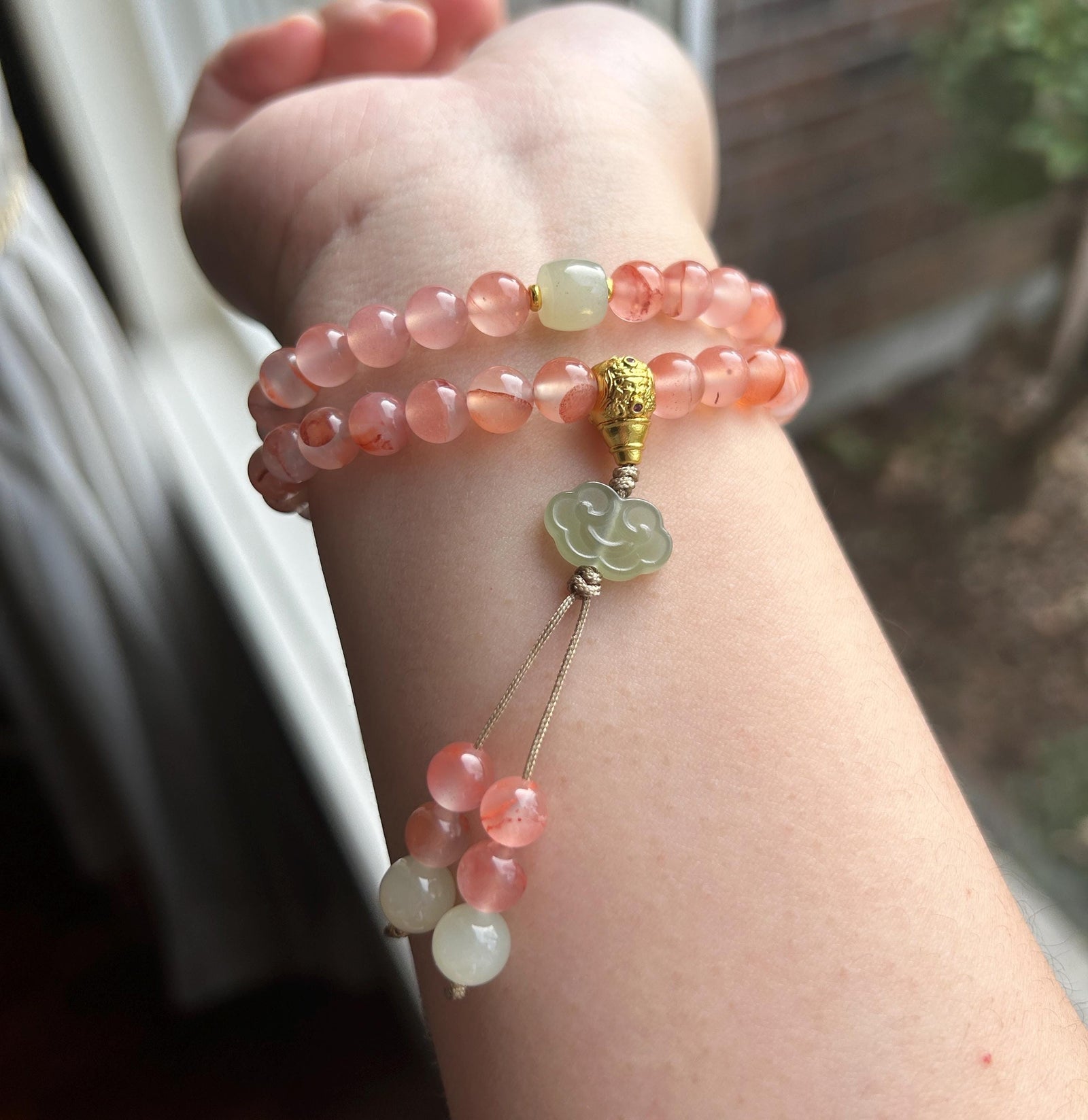 Natural Nanhong Agate Designer Double-Wrap Bracelet 7.3mm Highly Translucent Icy Floral Southern Red Agate & Nephrite Jade