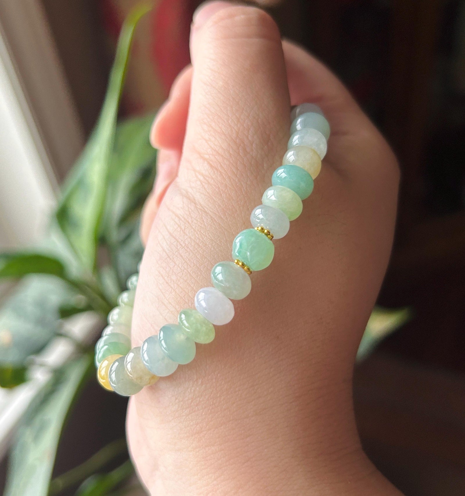 Natural Jade Beaded Bracelet | Burmese Type A Highly Translucent Icy Multicolor Jadeite 8mm