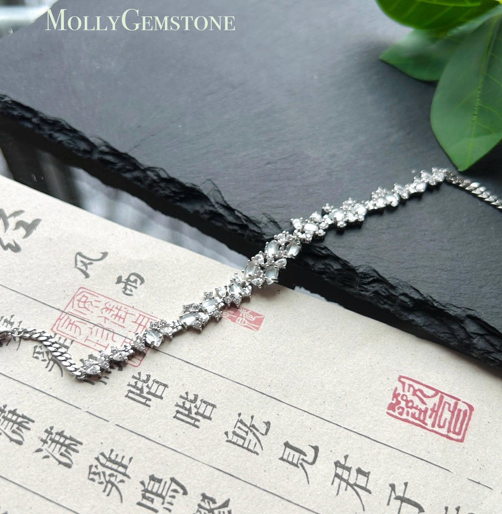 Certified Natural Jadeite Marquise Bracelet, Burmese Type A Superior Translucency Icy White Fine Jade in 925 Sterling Silver