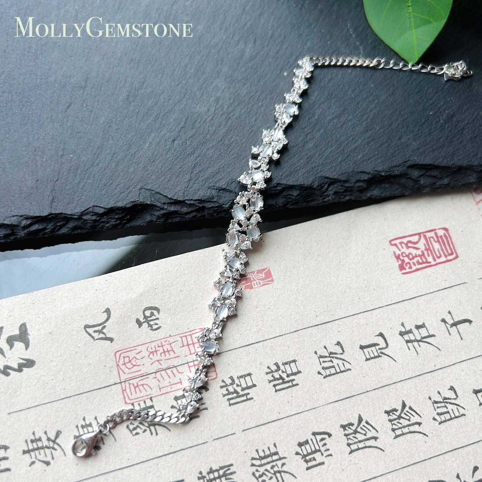 Certified Natural Jadeite Marquise Bracelet, Burmese Type A Superior Translucency Icy White Fine Jade in 925 Sterling Silver