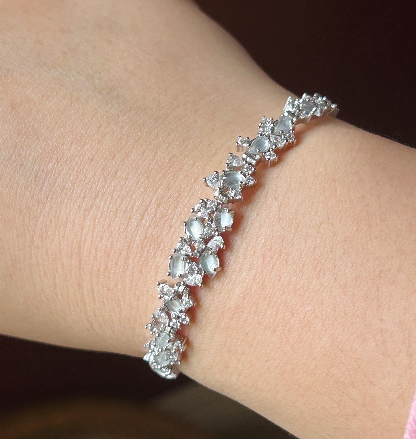 Certified Natural Jadeite Marquise Bracelet, Burmese Type A Superior Translucency Icy White Fine Jade in 925 Sterling Silver