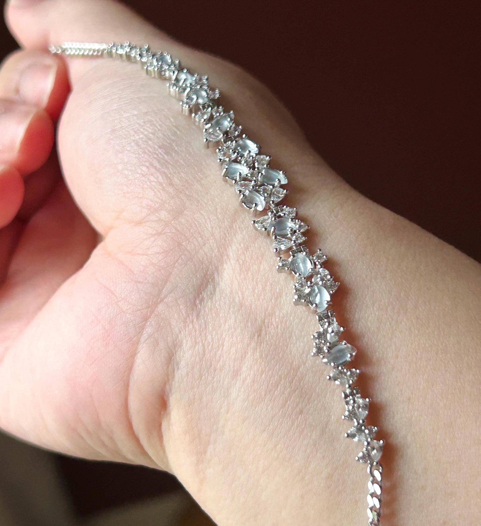 Certified Natural Jadeite Marquise Bracelet, Burmese Type A Superior Translucency Icy White Fine Jade in 925 Sterling Silver