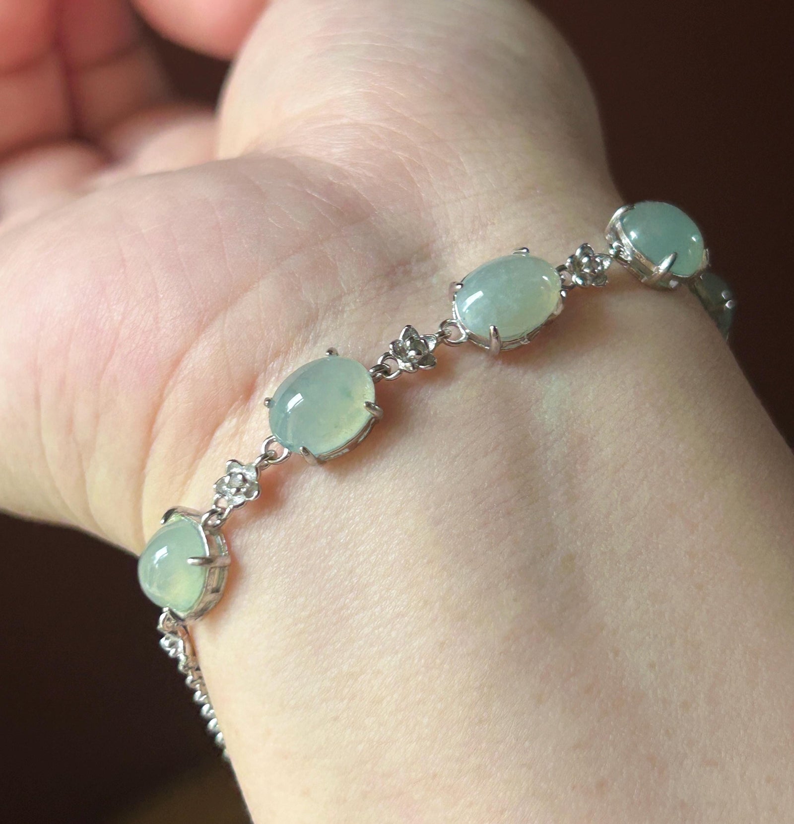 Natural Jadeite Cabochon Bracelet, Burmese Type A Icy Translucent Grayish Soft Blue/Green Jade in 925 Sterling Silver