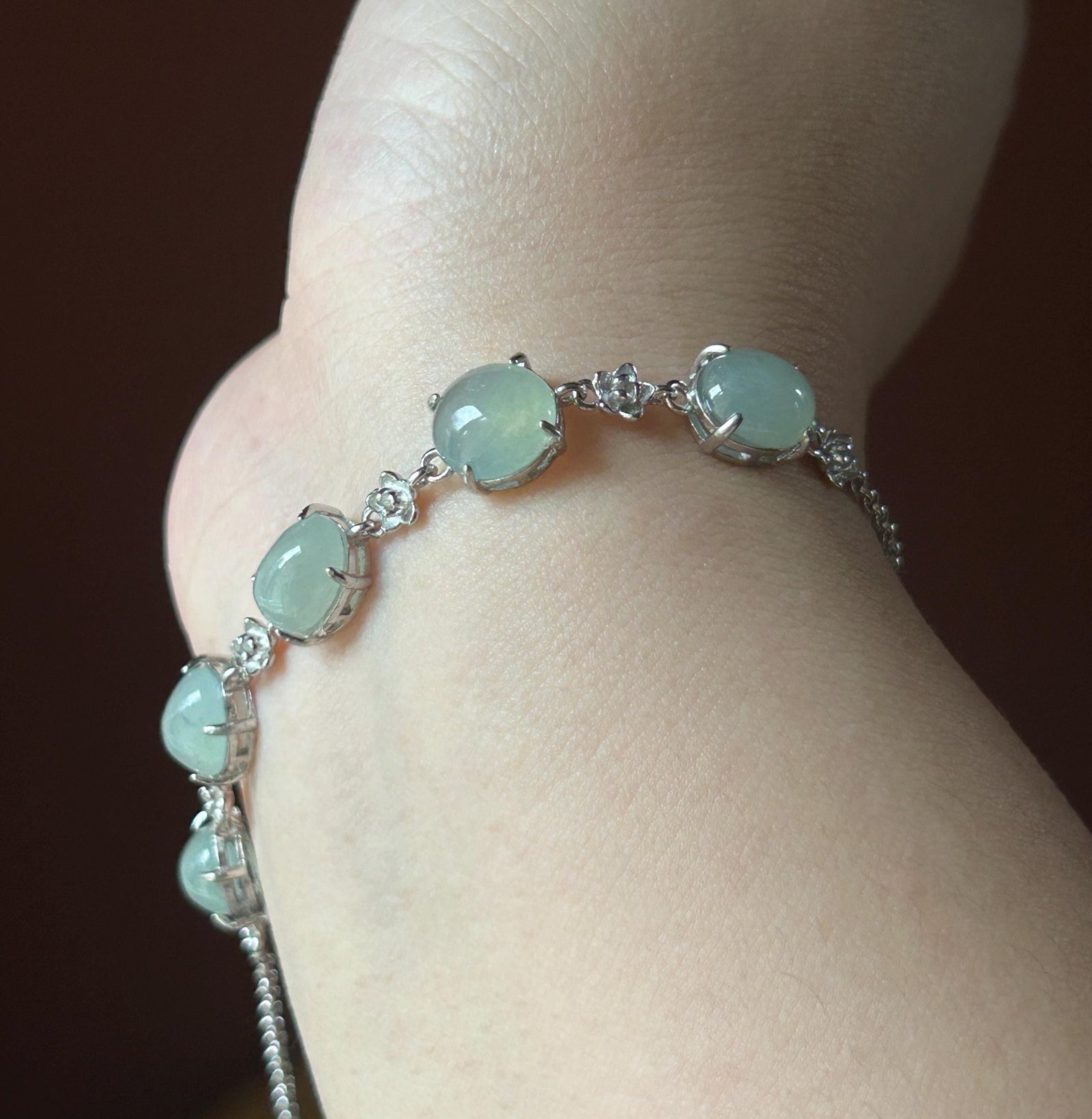 Natural Jadeite Cabochon Bracelet, Burmese Type A Icy Translucent Grayish Soft Blue/Green Jade in 925 Sterling Silver