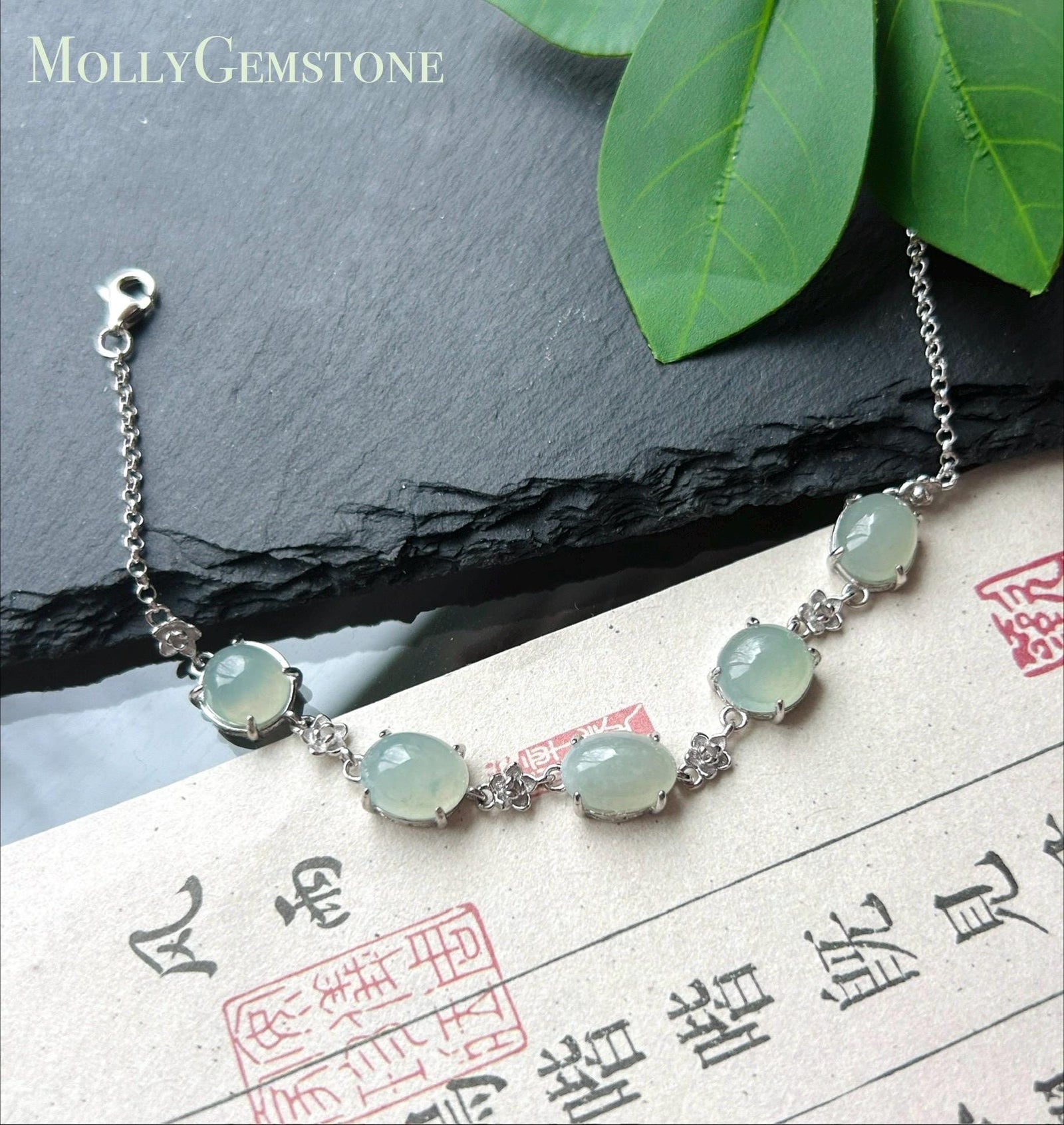Natural Jadeite Cabochon Bracelet, Burmese Type A Icy Translucent Grayish Soft Blue/Green Jade in 925 Sterling Silver