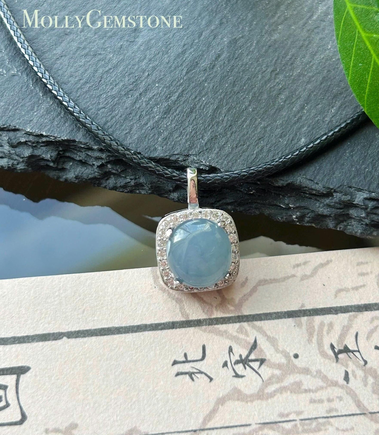 Natural Jadeite Cabochon Pendant Minimalist Jewelry Burmese Type A Highly Translucent Icy Blue Lavender Jade, 925 Sterling Silver