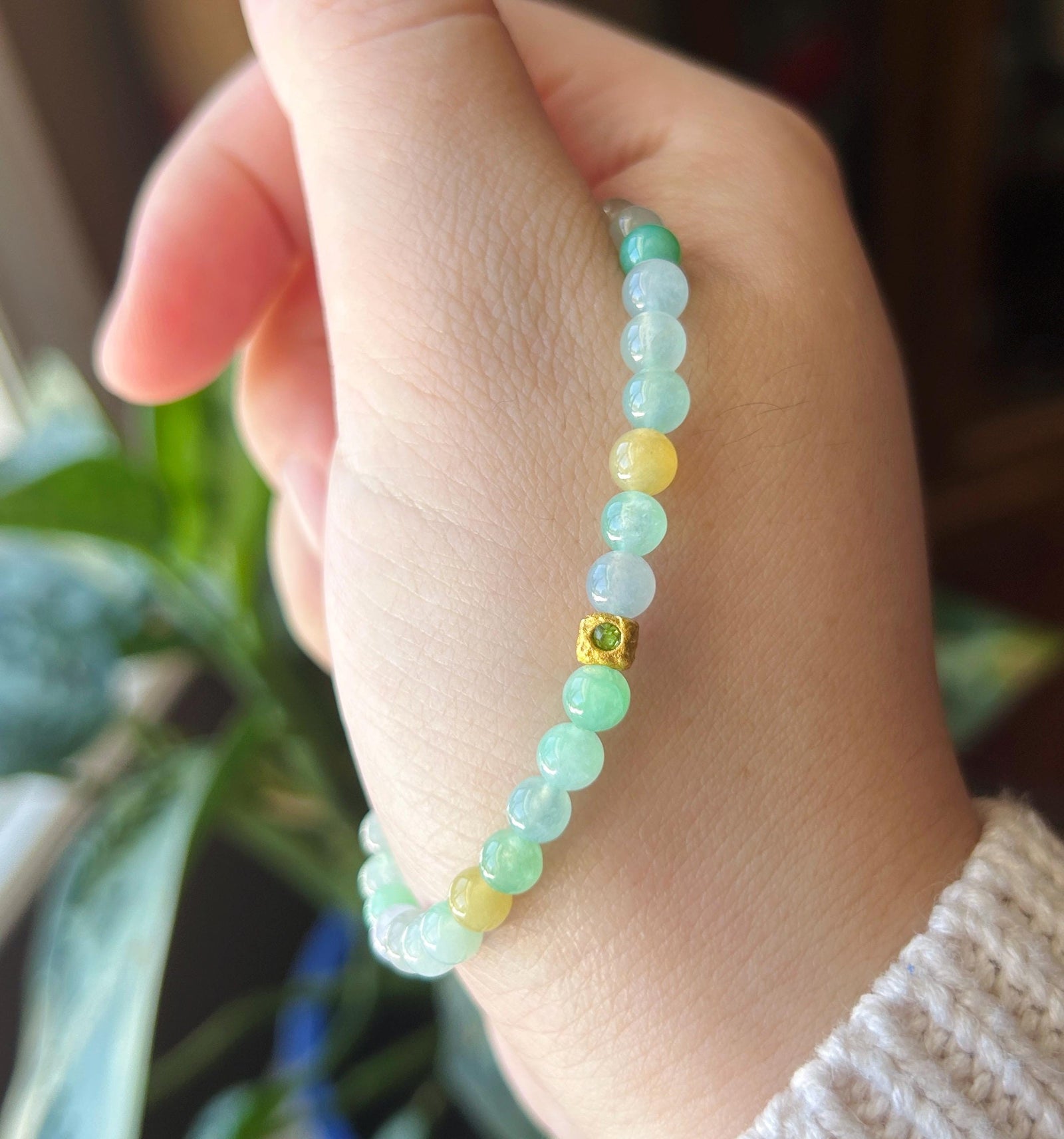 Natural Jade Beaded Bracelet | Burmese Type A Highly Translucency Icy Multicolor Jadeite 5mm