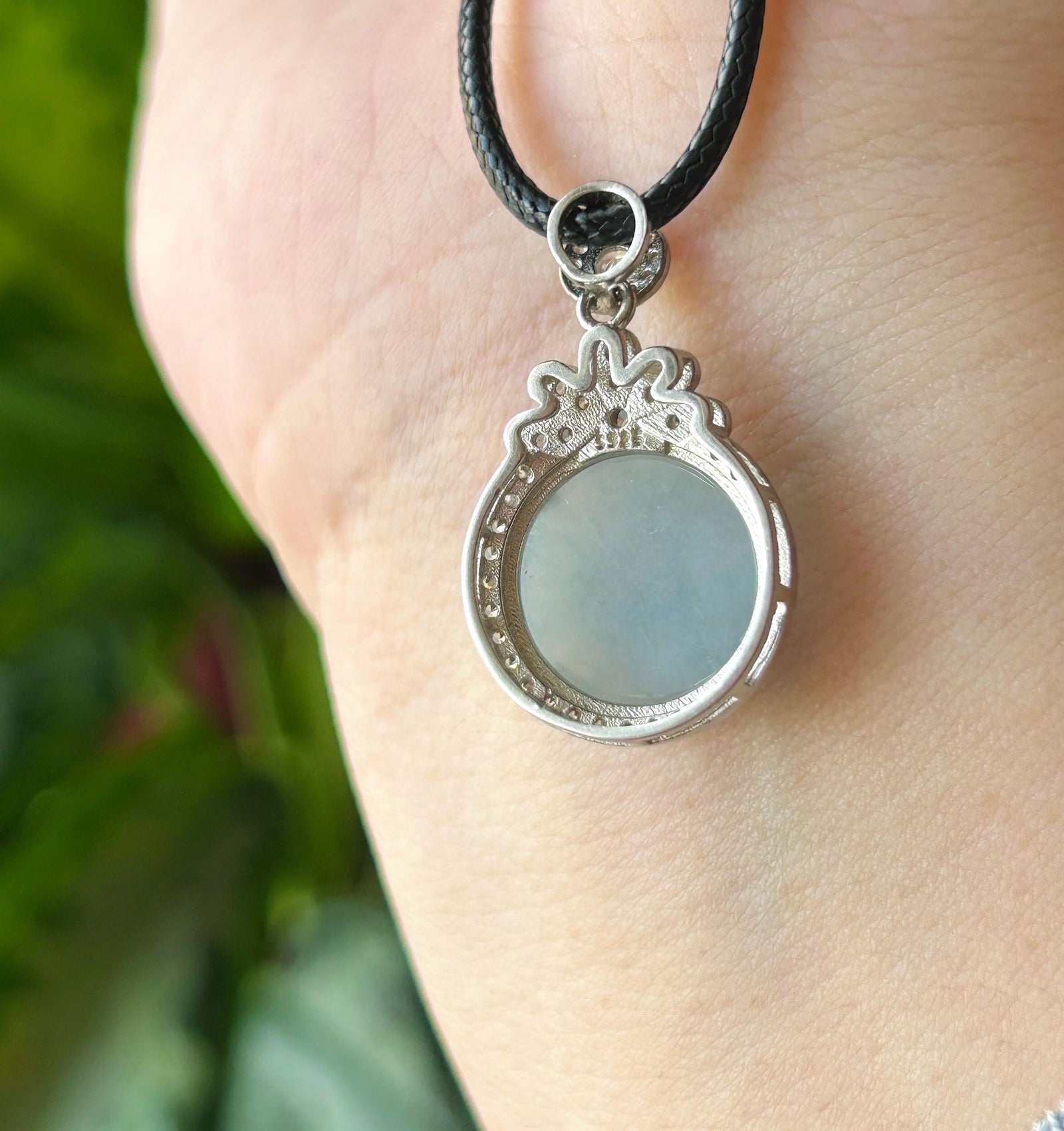 Natural Jadeite Peace Plaque Pendant Minimalist Jewelry Burmese Type A Highly Translucent Icy Blue Lavender Jade, 925 Sterling Silver