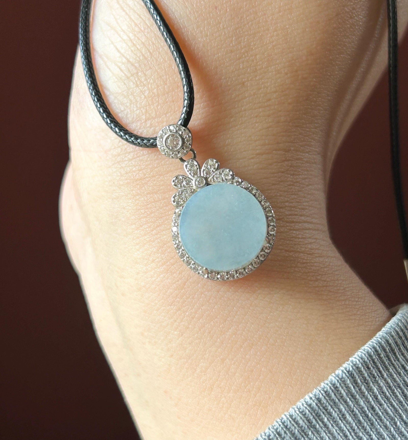 Natural Jadeite Peace Plaque Pendant Minimalist Jewelry Burmese Type A Highly Translucent Icy Blue Lavender Jade, 925 Sterling Silver