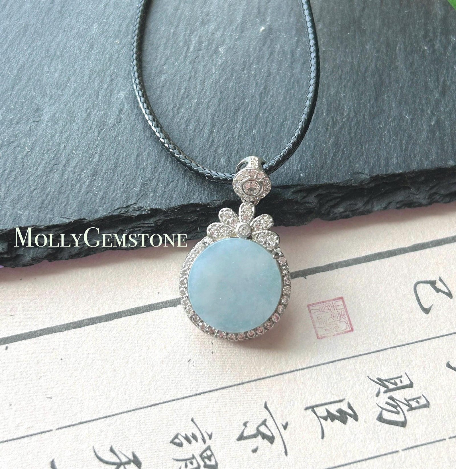 Natural Jadeite Peace Plaque Pendant Minimalist Jewelry Burmese Type A Highly Translucent Icy Blue Lavender Jade, 925 Sterling Silver