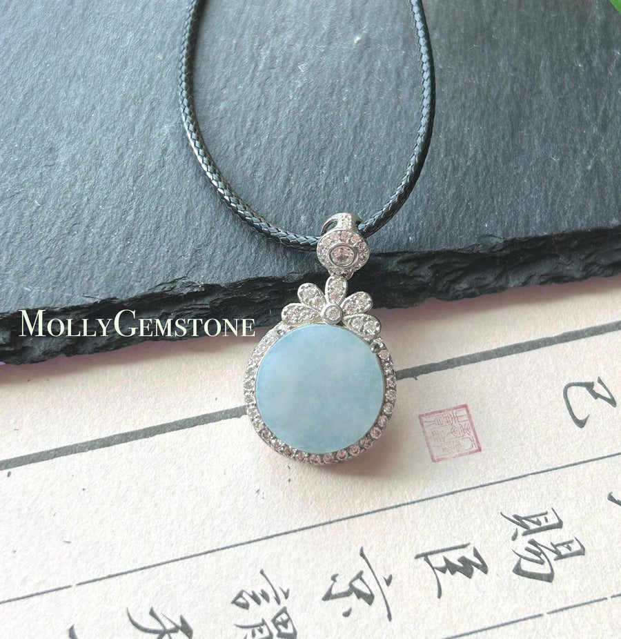 Natural Jadeite Peace Plaque Pendant Minimalist Jewelry Burmese Type A Highly Translucent Icy Blue Lavender Jade, 925 Sterling Silver