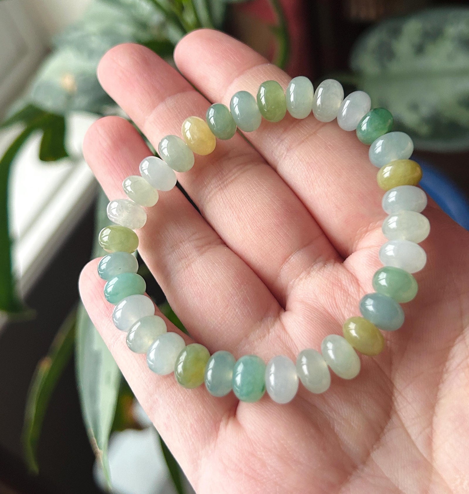Natural Jade Beaded Bracelet | Burmese Type A Highly Translucent Icy Multicolor Jadeite 8.7mm