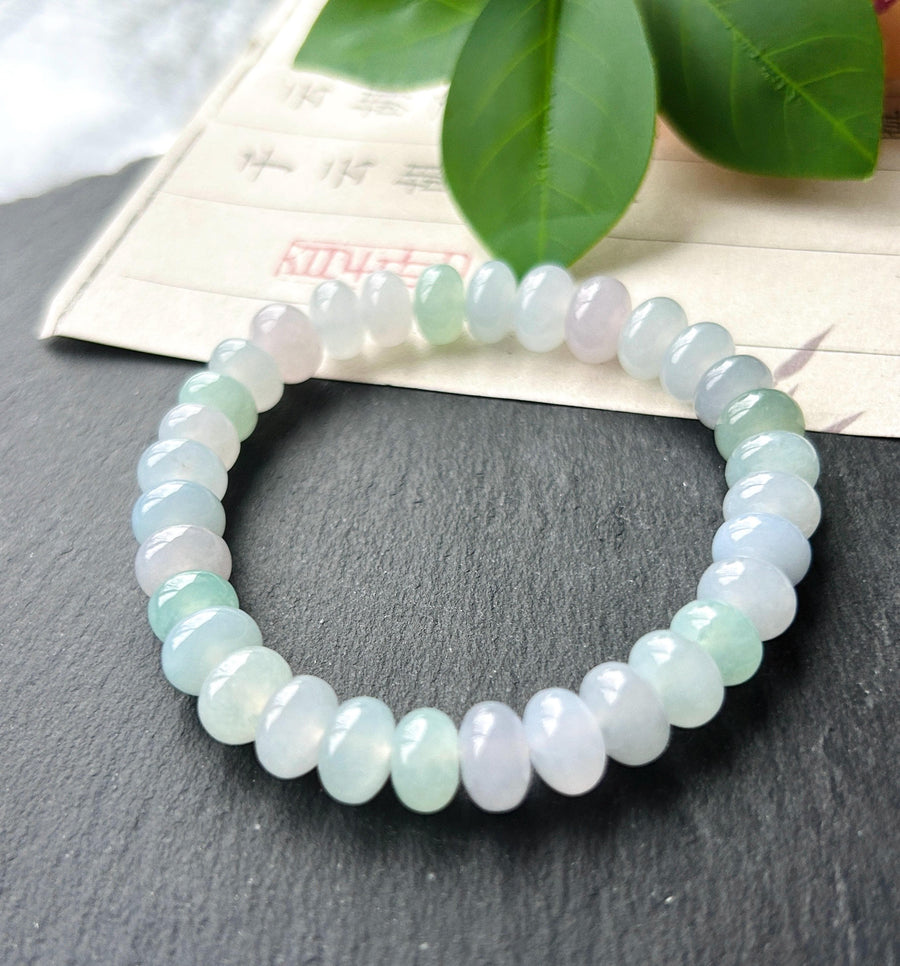 Natural Jade Beaded Bracelet | Burmese Type A Highly Translucent Icy Spring Macaron Multicolor Jadeite 9mm