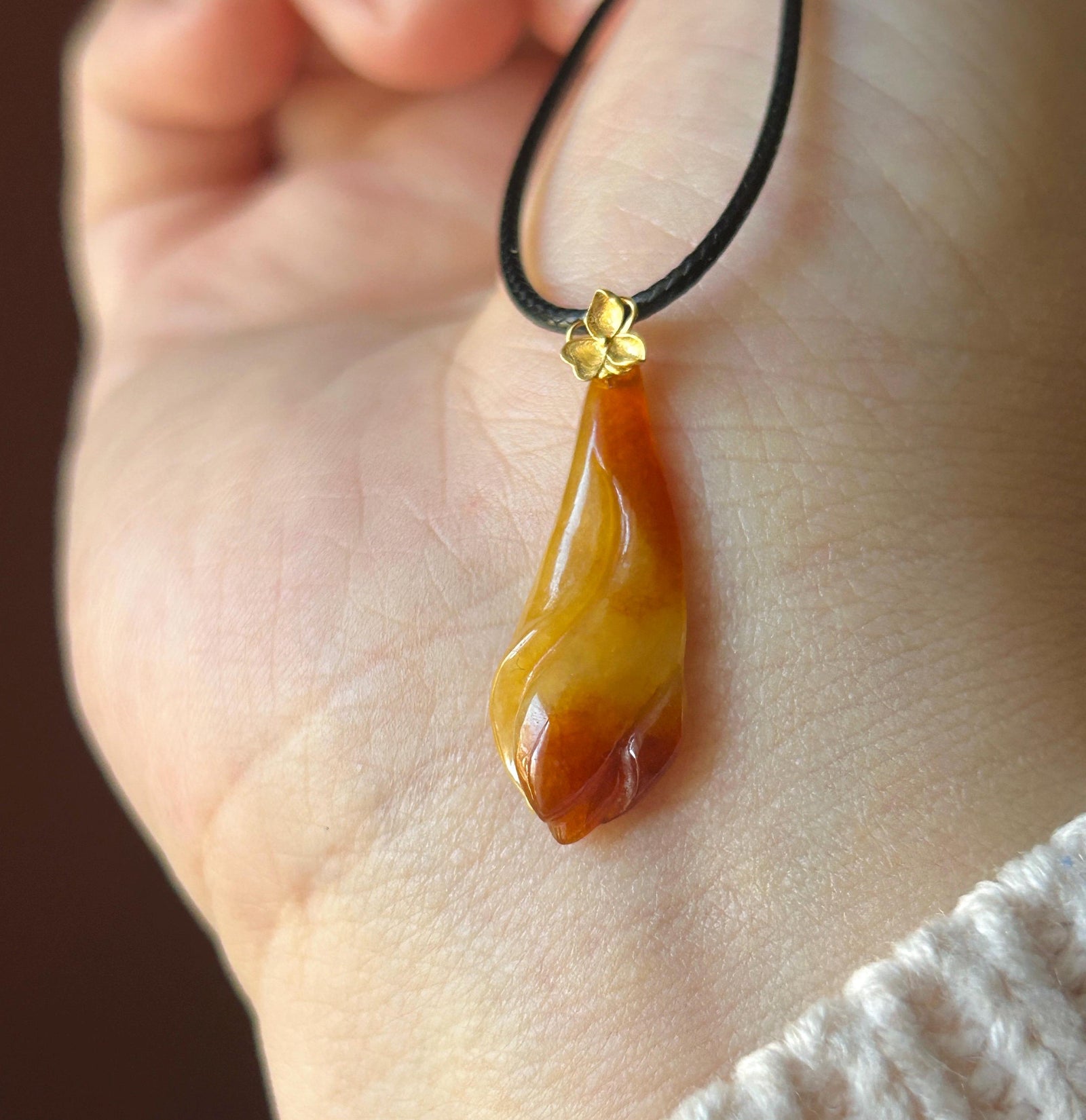Natural Jadeite Magnolia Pendant | Burmese Type A Highly Translucent Icy Unheated Red Jade, 18k Solid Gold Bail