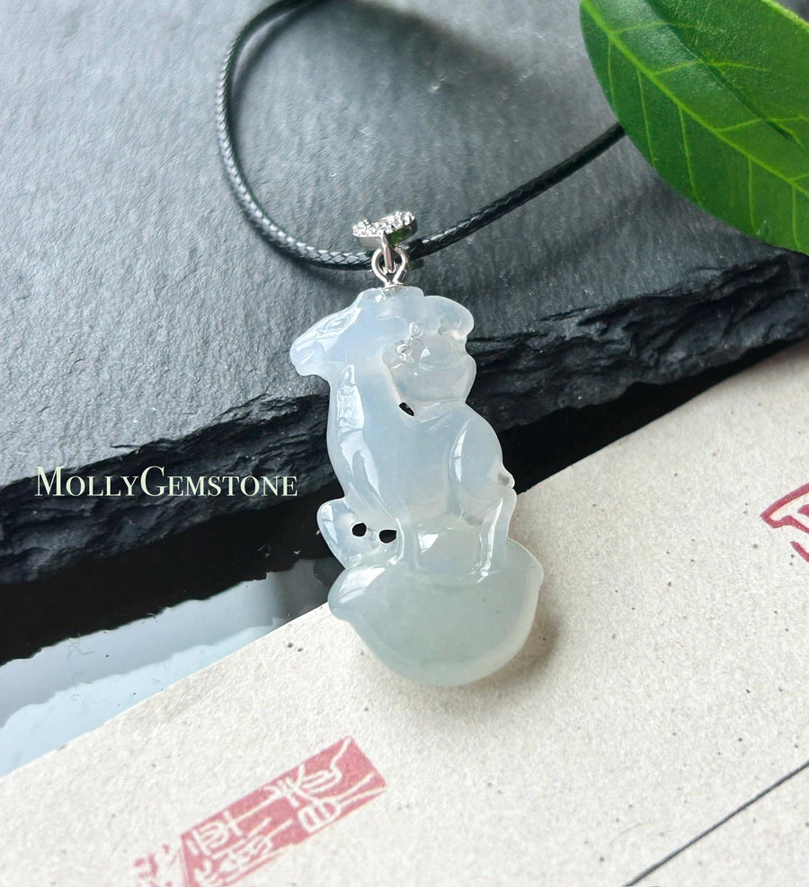 Natural Jade Deer & Ingot Pendant | Burmese Type A Highly Translucent Icy Light Blue and Pale Green Jadeite, 925 Sterling Silver
