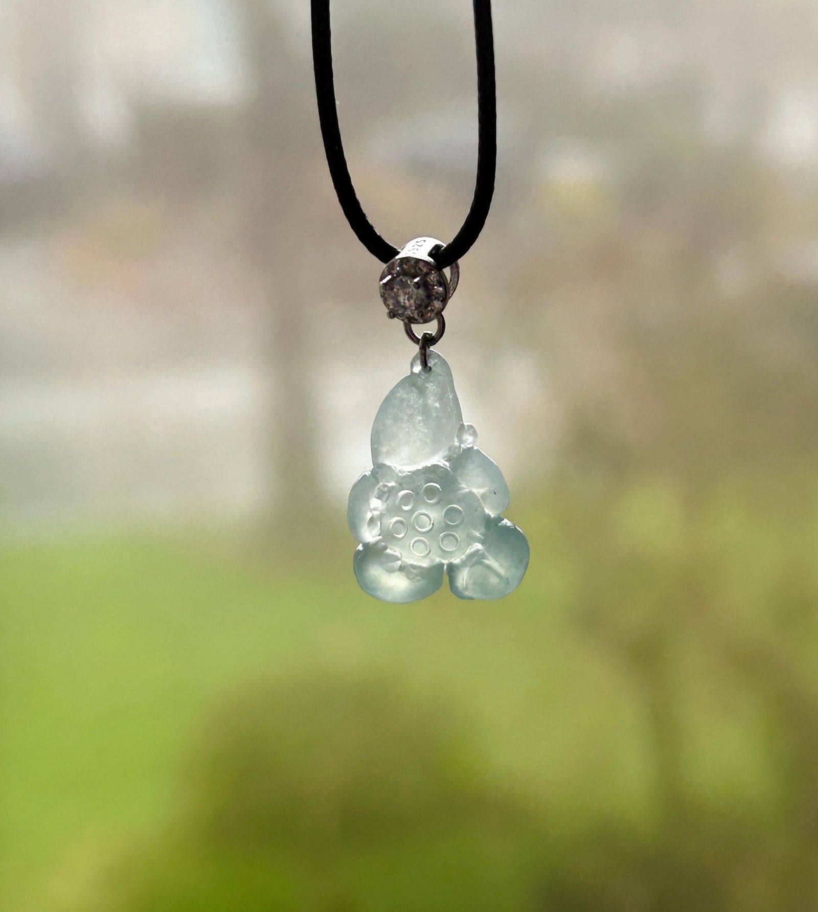 Natural Jade Lotus Pendant | Burmese Type A Highly Translucent Icy Light Blue/ Green Jadeite, 925 Sterling Silver