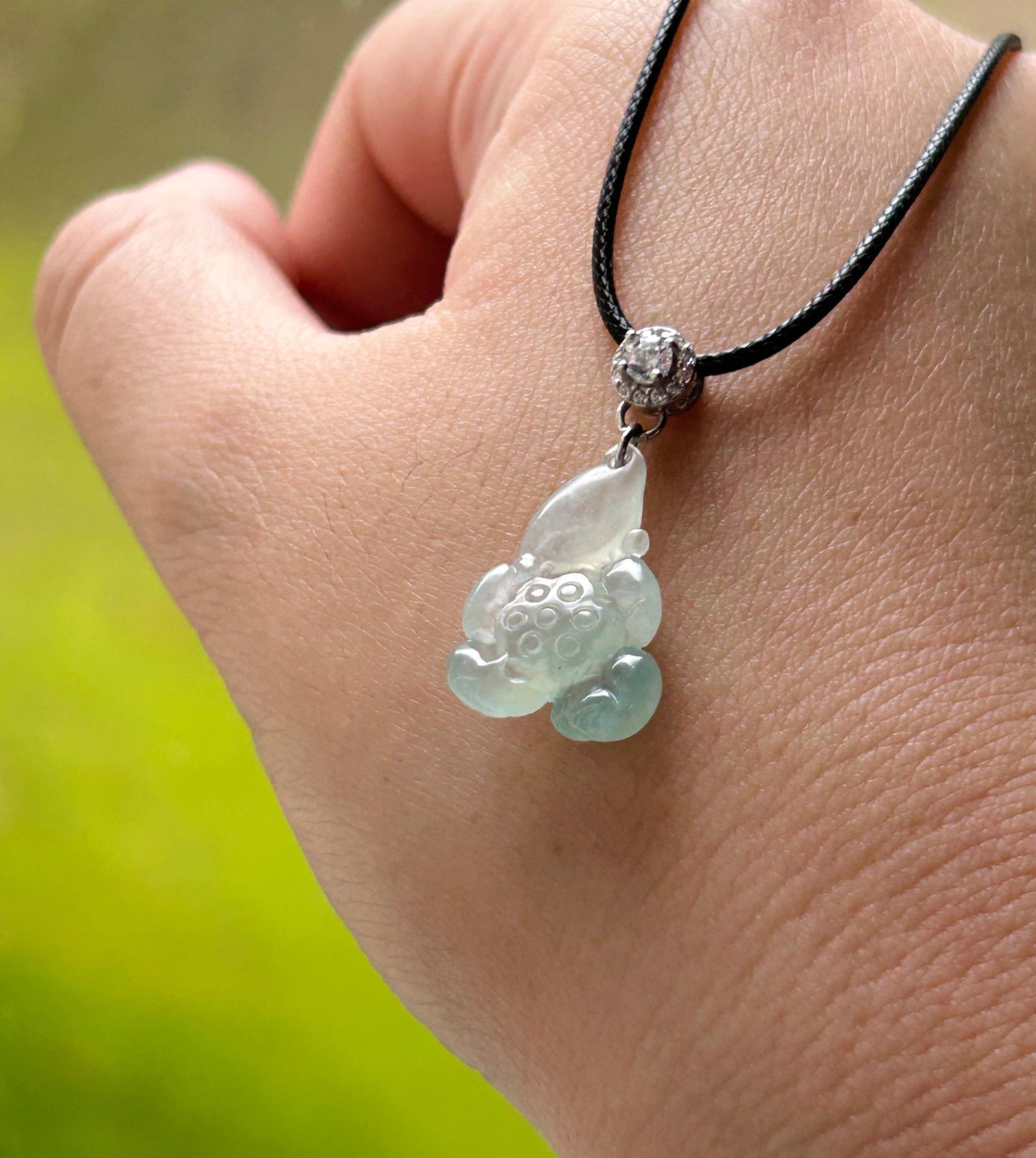Natural Jade Lotus Pendant | Burmese Type A Highly Translucent Icy Light Blue/ Green Jadeite, 925 Sterling Silver