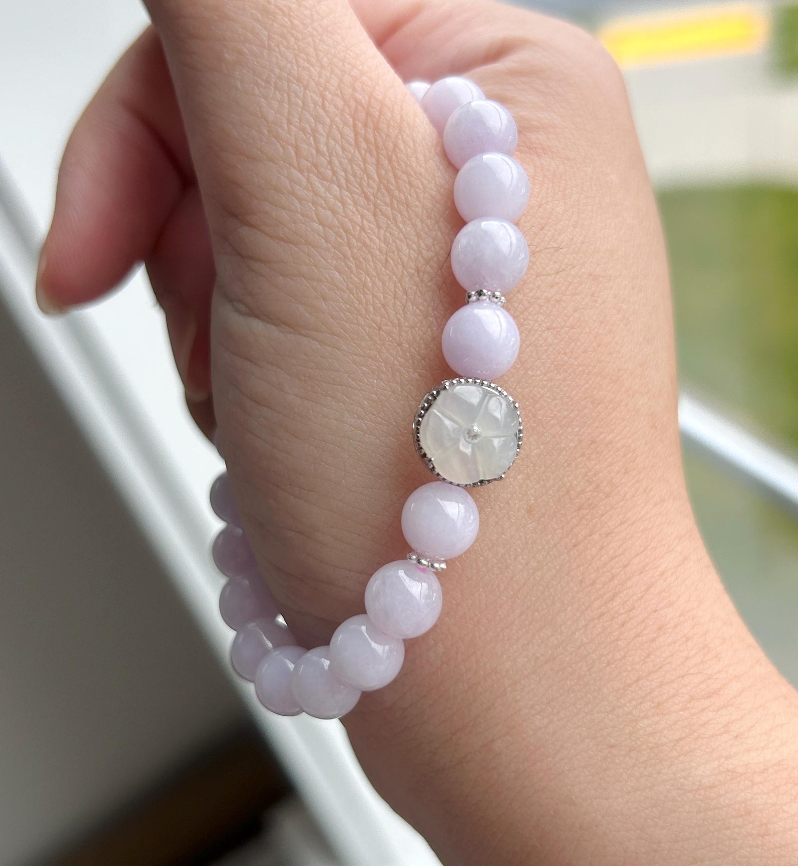 Natural Jadeite Beaded Bracelet Burmese Type A Icy Translucent Pink Lavender Jade 7.6mm | 925 Sterling Silver
