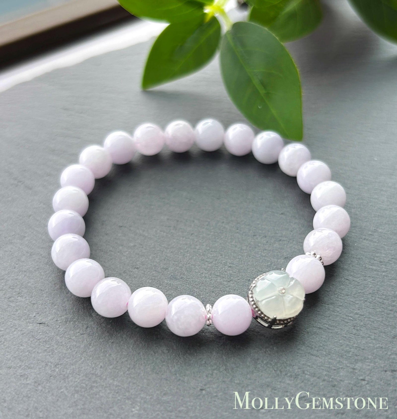 Natural Jadeite Beaded Bracelet Burmese Type A Icy Translucent Pink Lavender Jade 7.6mm | 925 Sterling Silver