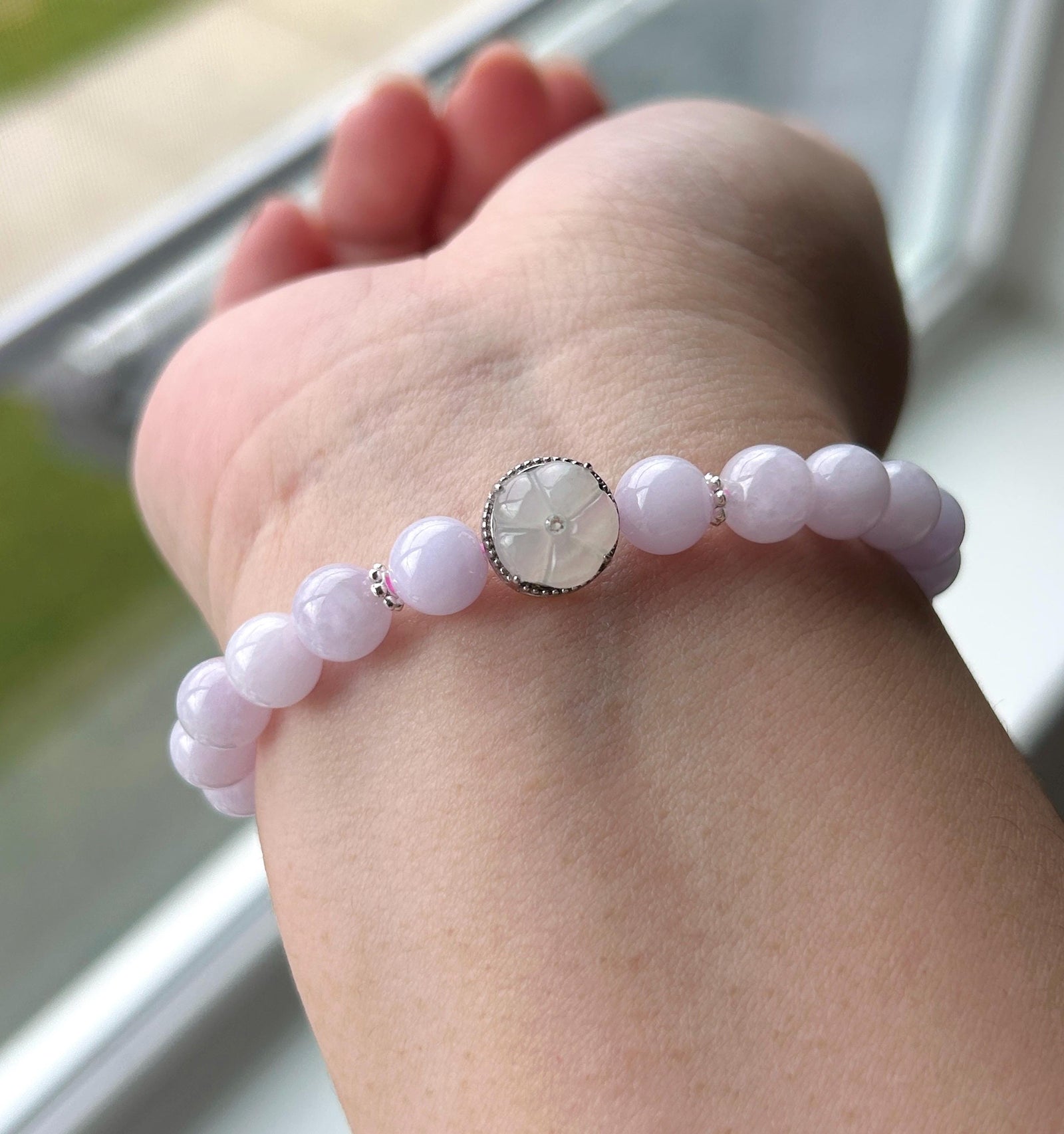 Natural Jadeite Beaded Bracelet Burmese Type A Icy Translucent Pink Lavender Jade 7.6mm | 925 Sterling Silver