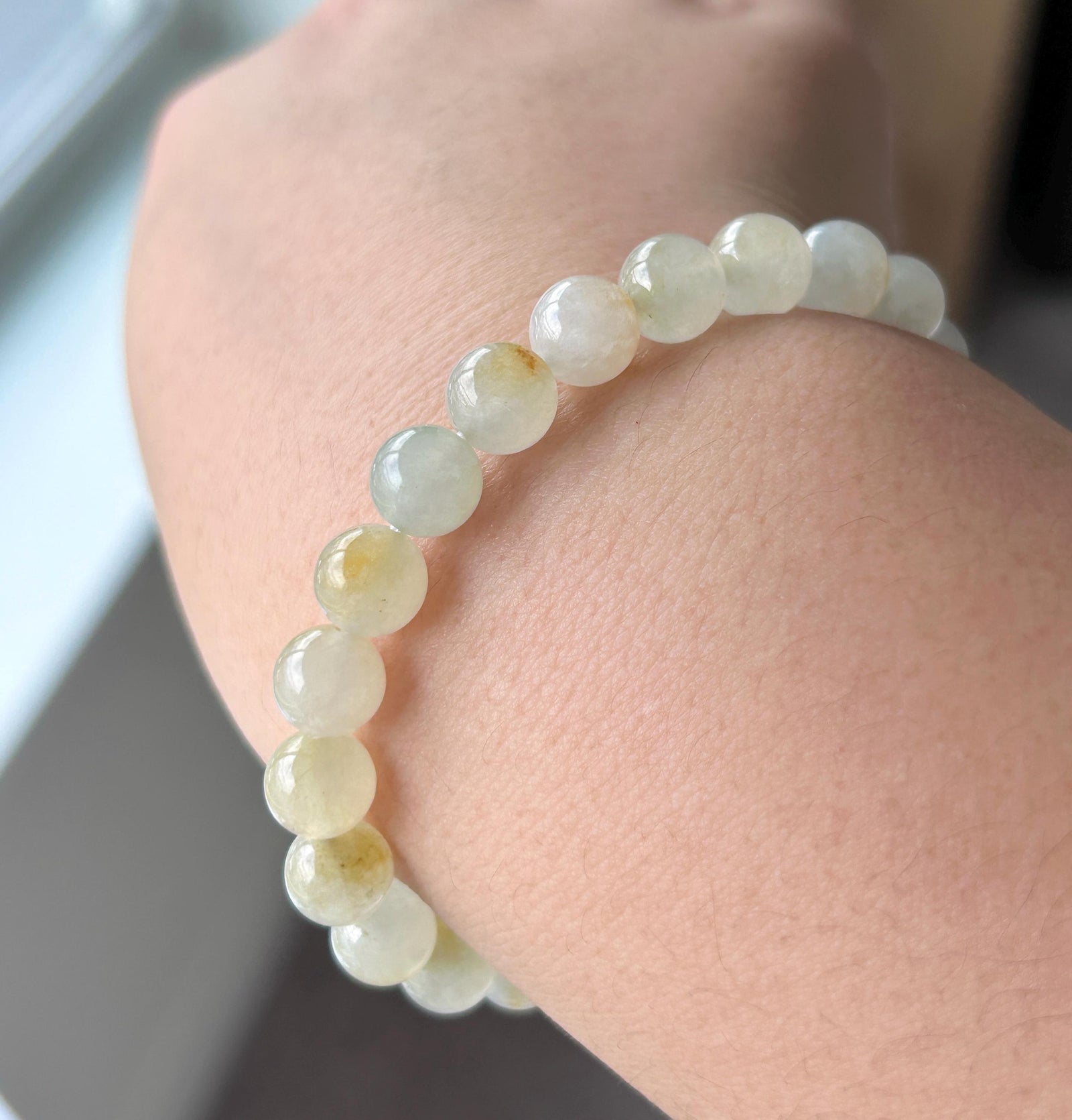 Natural Jadeite Beaded Bracelet | Burmese Type A Highly Translucent Icy Yellow & Red Floral 7.8mm | Minimalist Jewelry