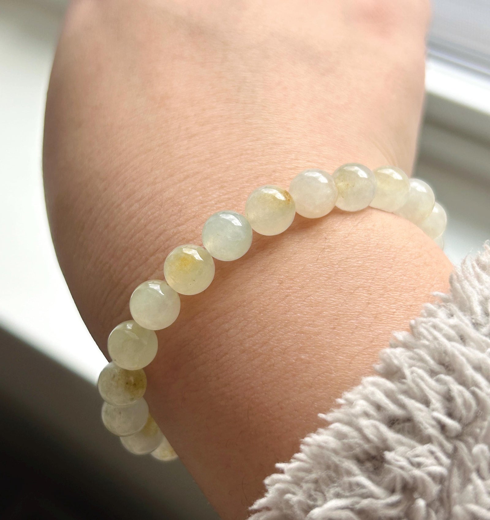 Natural Jadeite Beaded Bracelet | Burmese Type A Highly Translucent Icy Yellow & Red Floral 7.8mm | Minimalist Jewelry