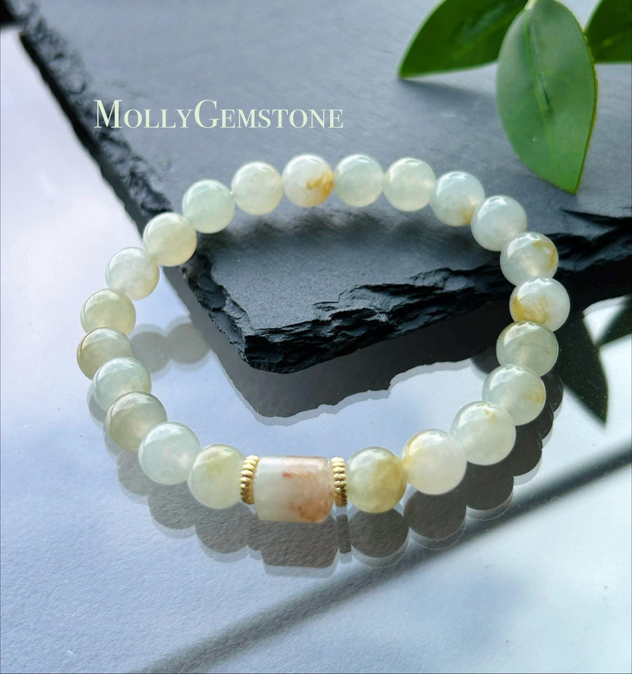 Natural Jadeite Beaded Bracelet | Burmese Type A Highly Translucent Icy Yellow & Red Floral 7.8mm | Minimalist Jewelry