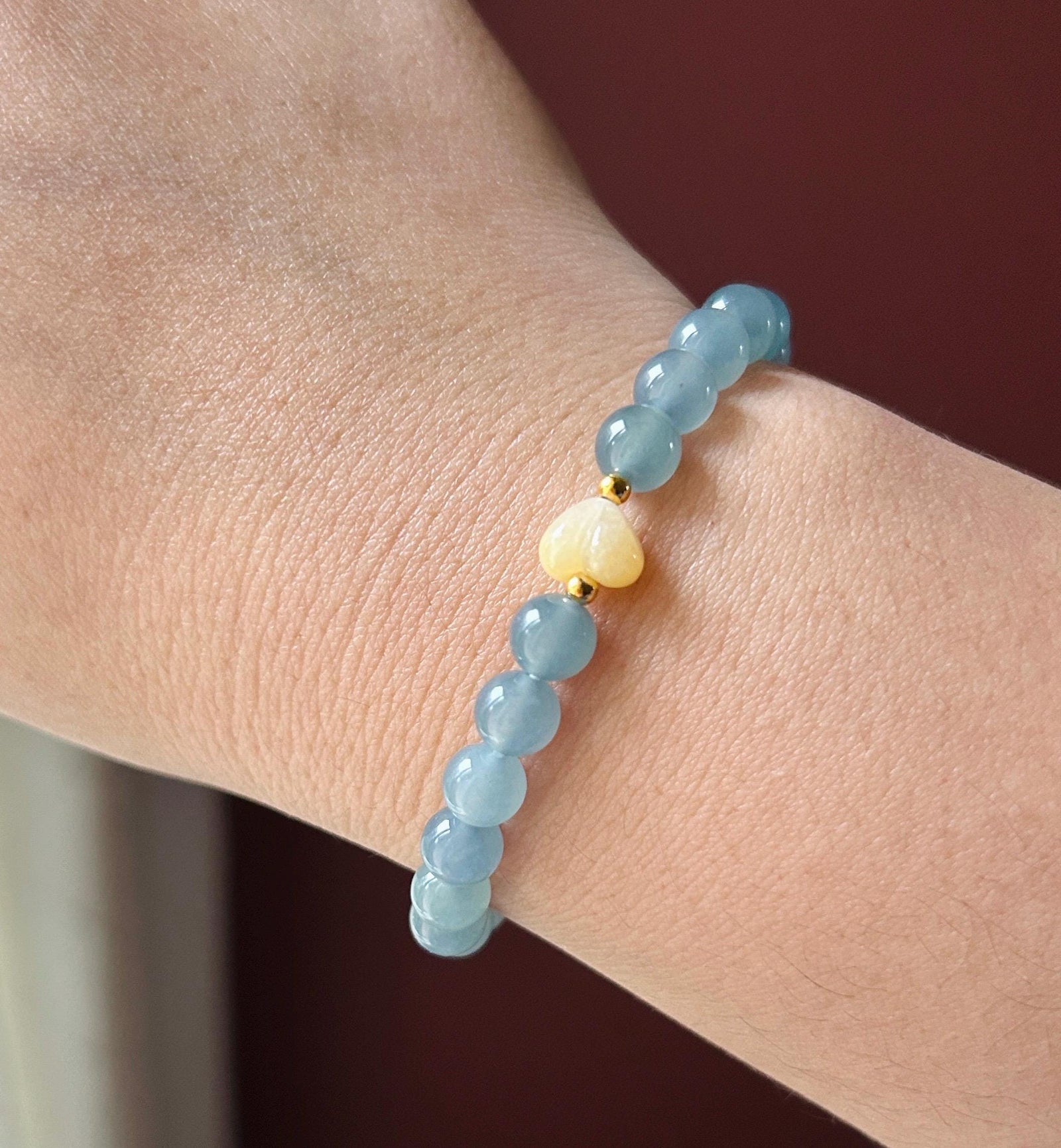 Natural Jadeite Beaded Bracelet | Guatemalan Type A Highly Translucency Icy Blue Jade with Heart Shaped Focal 6.7mm