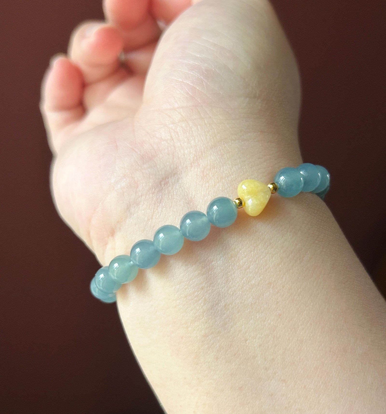 Natural Jadeite Beaded Bracelet | Guatemalan Type A Highly Translucency Icy Blue Jade with Heart Shaped Focal 6.7mm