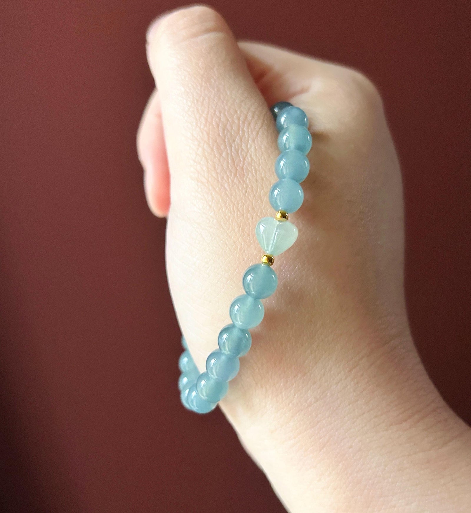 Natural Jadeite Beaded Bracelet | Guatemalan Type A Highly Translucency Icy Blue Jade with Heart Shaped Focal 6.7mm