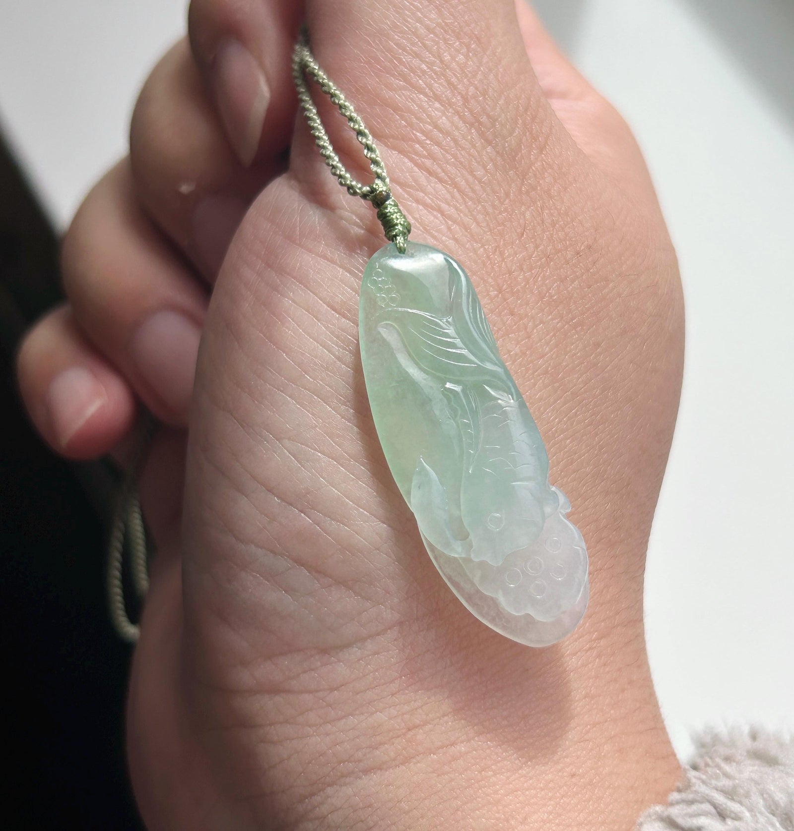 Natural Jadeite Fish & Lotus Pendant Handwoven Necklace | Authentic Burmese Type A Icy Translucent Light Sweet Apple Green Jade