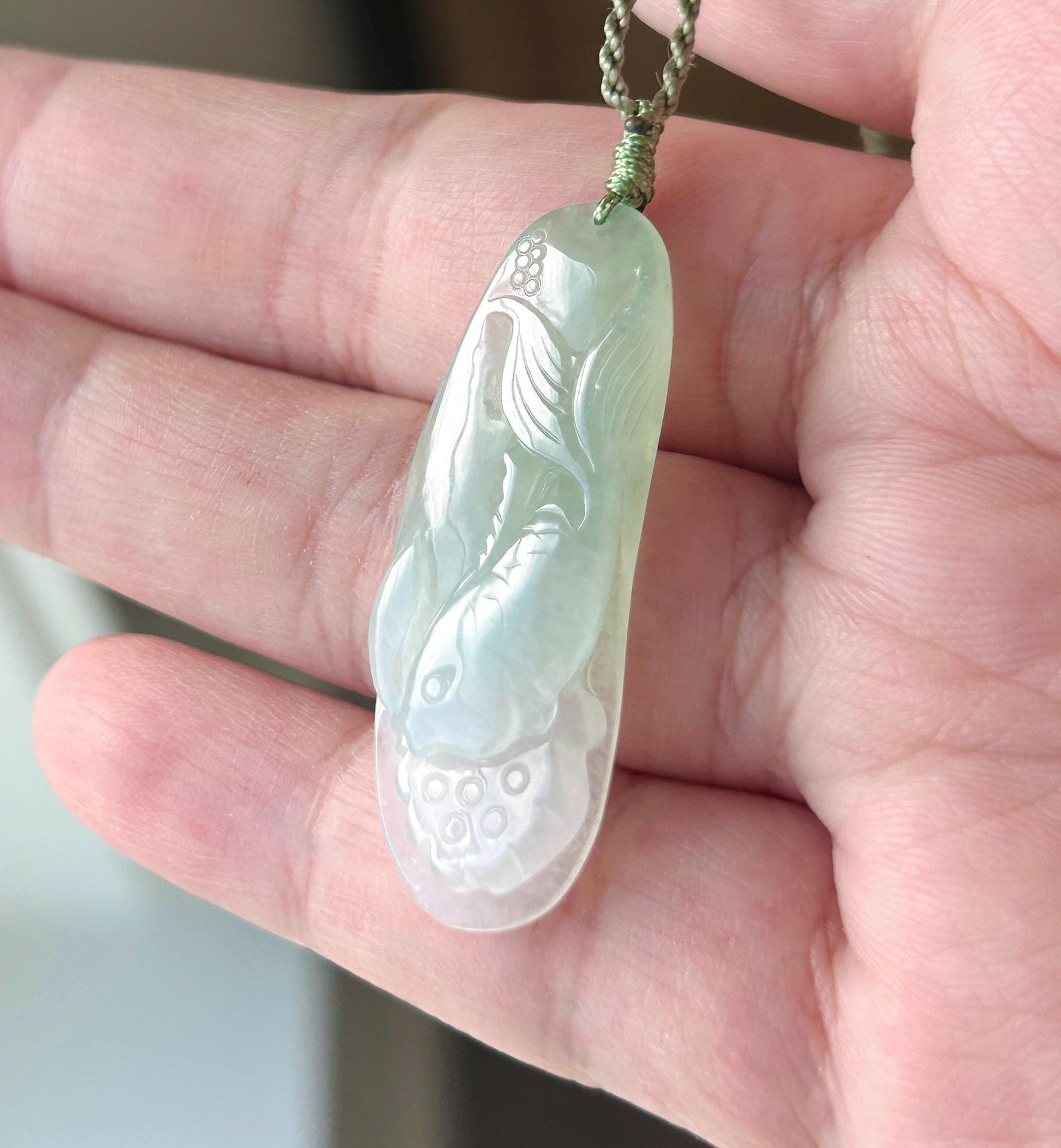 Natural Jadeite Fish & Lotus Pendant Handwoven Necklace | Authentic Burmese Type A Icy Translucent Light Sweet Apple Green Jade
