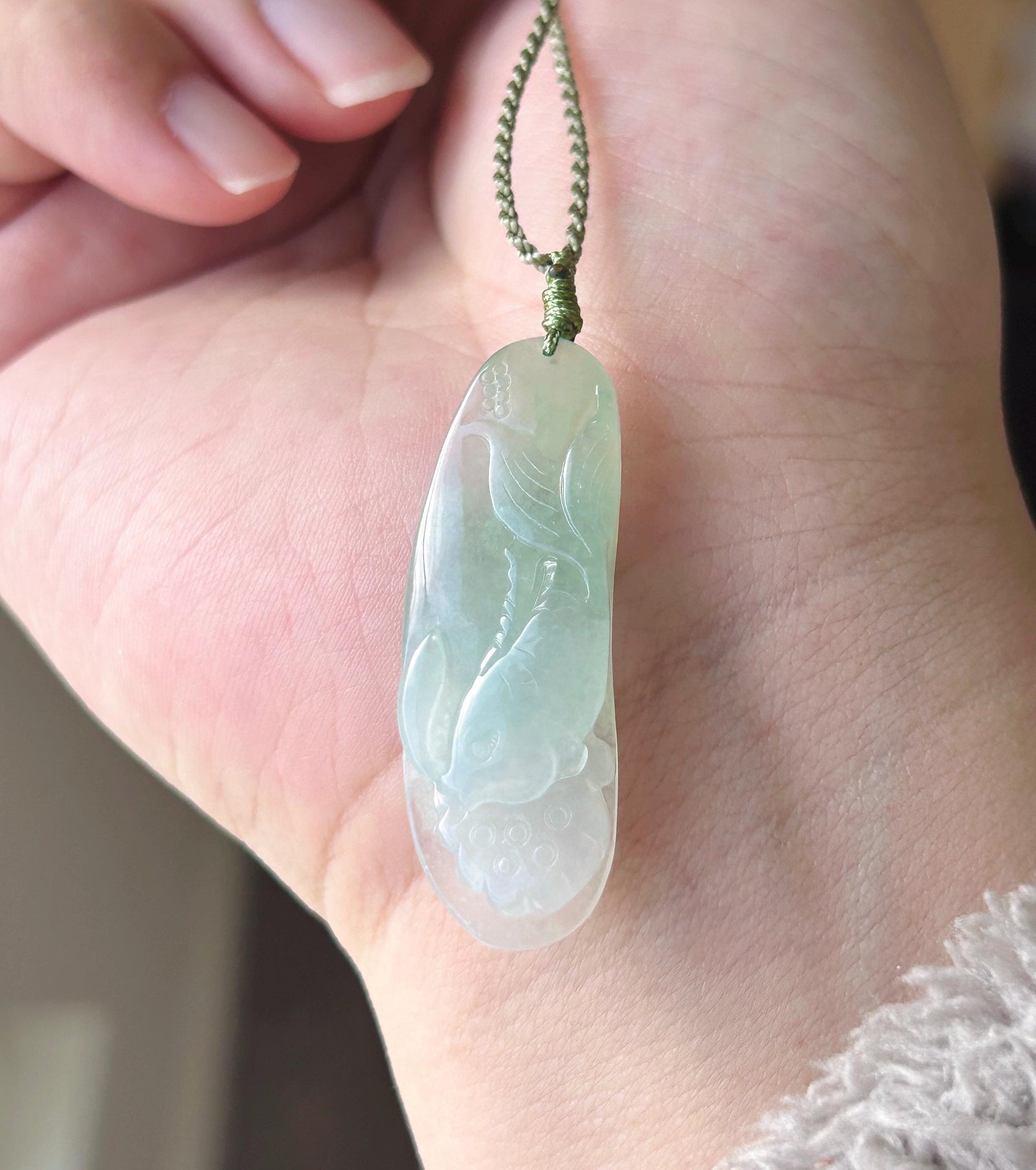 Natural Jadeite Fish & Lotus Pendant Handwoven Necklace | Authentic Burmese Type A Icy Translucent Light Sweet Apple Green Jade